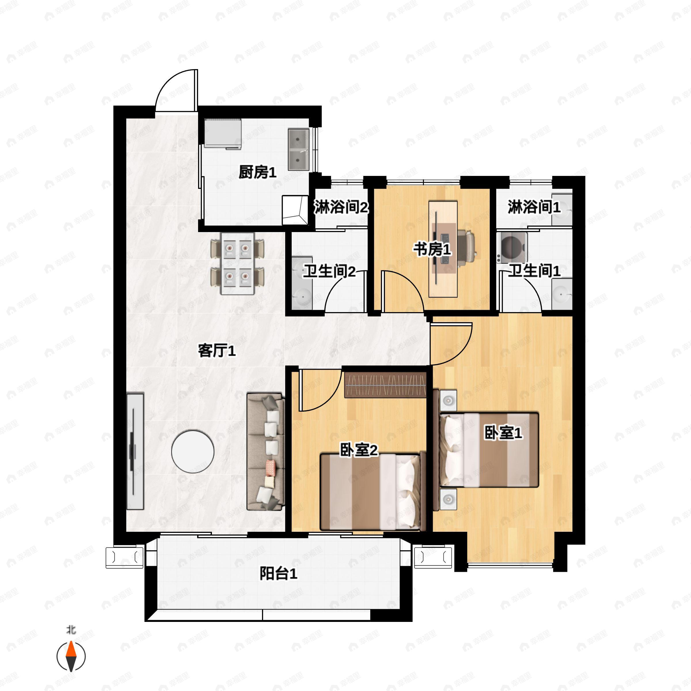 3室2厅2卫建面109平户型图