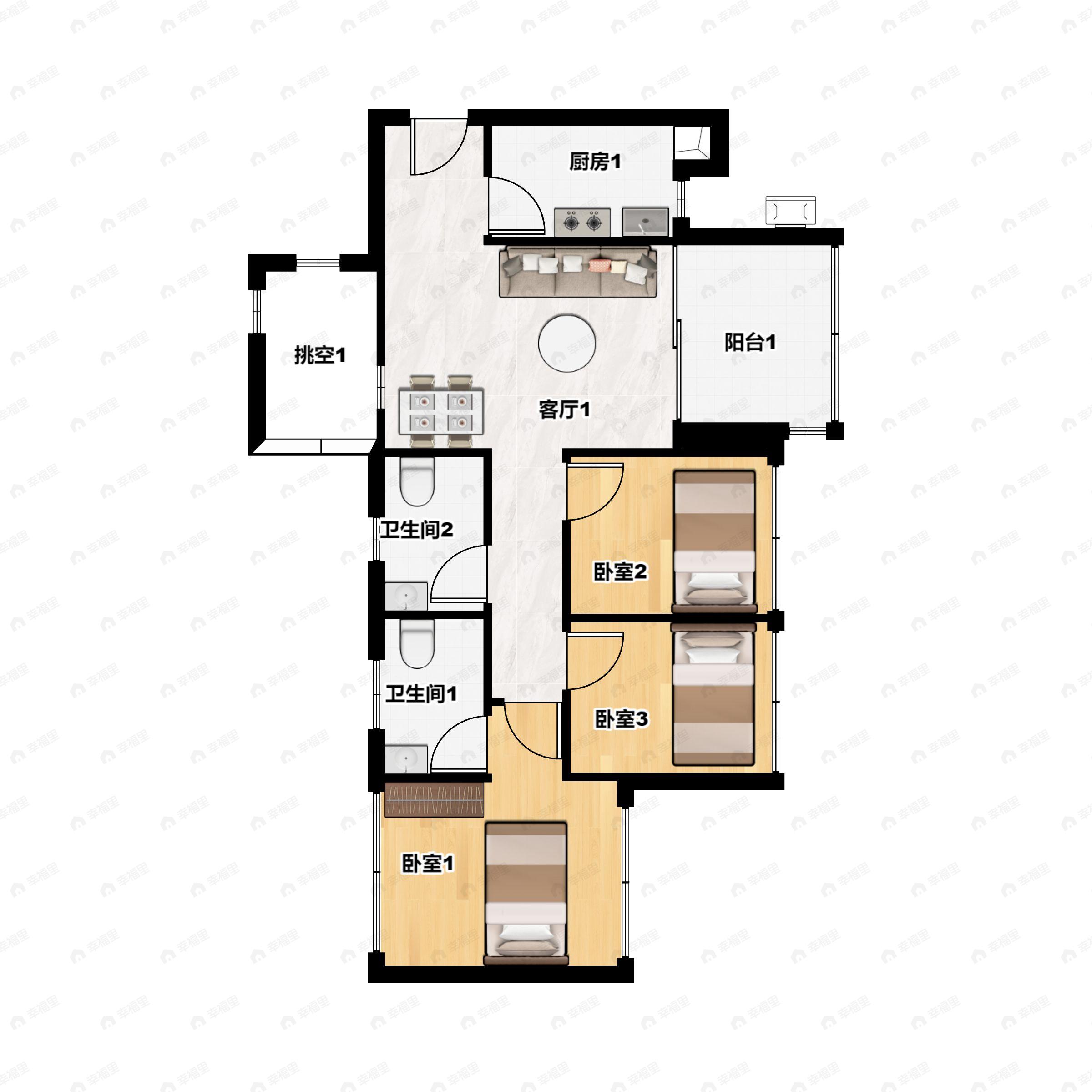 3室2厅2卫建面82平户型图