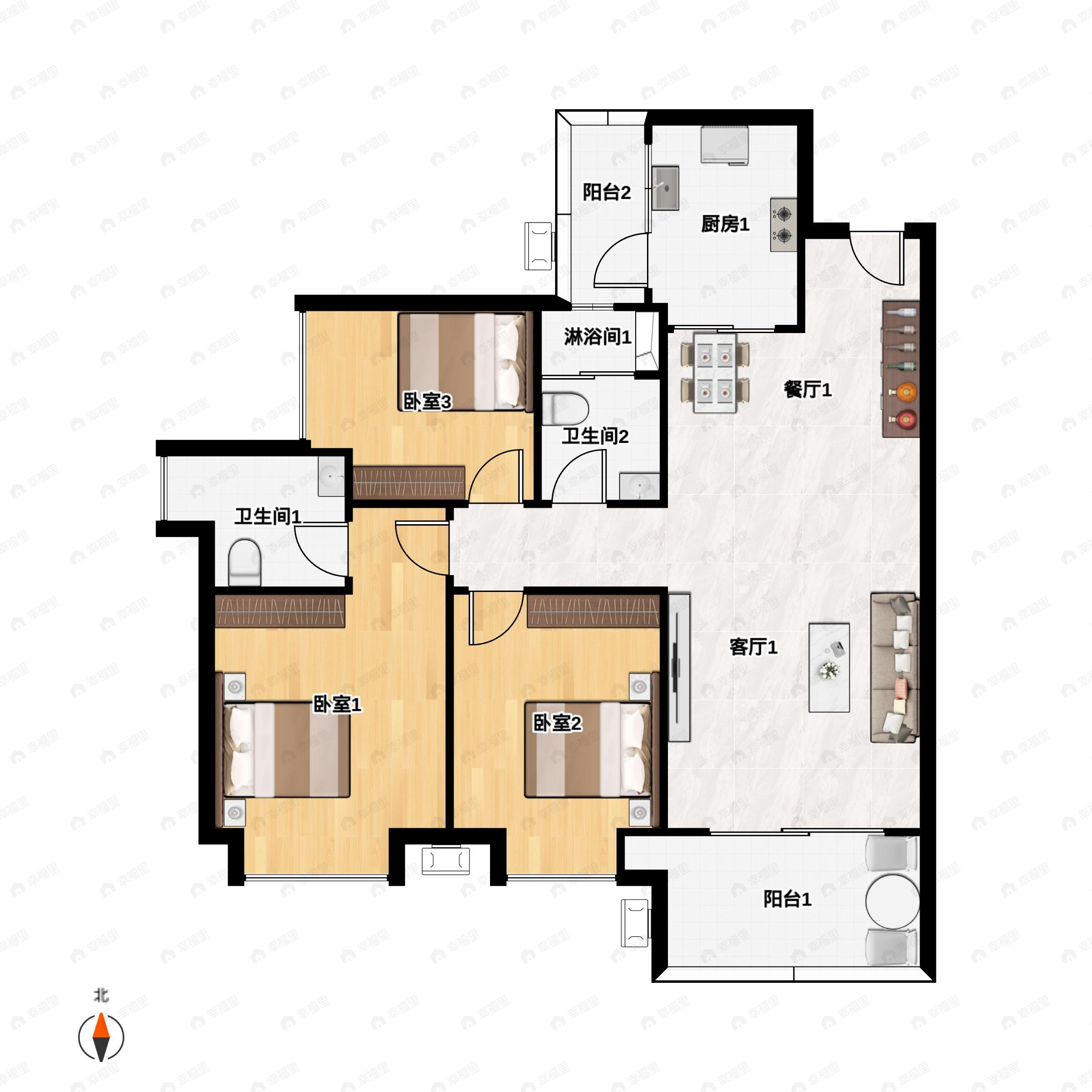3室2厅2卫建面99m²南户型图