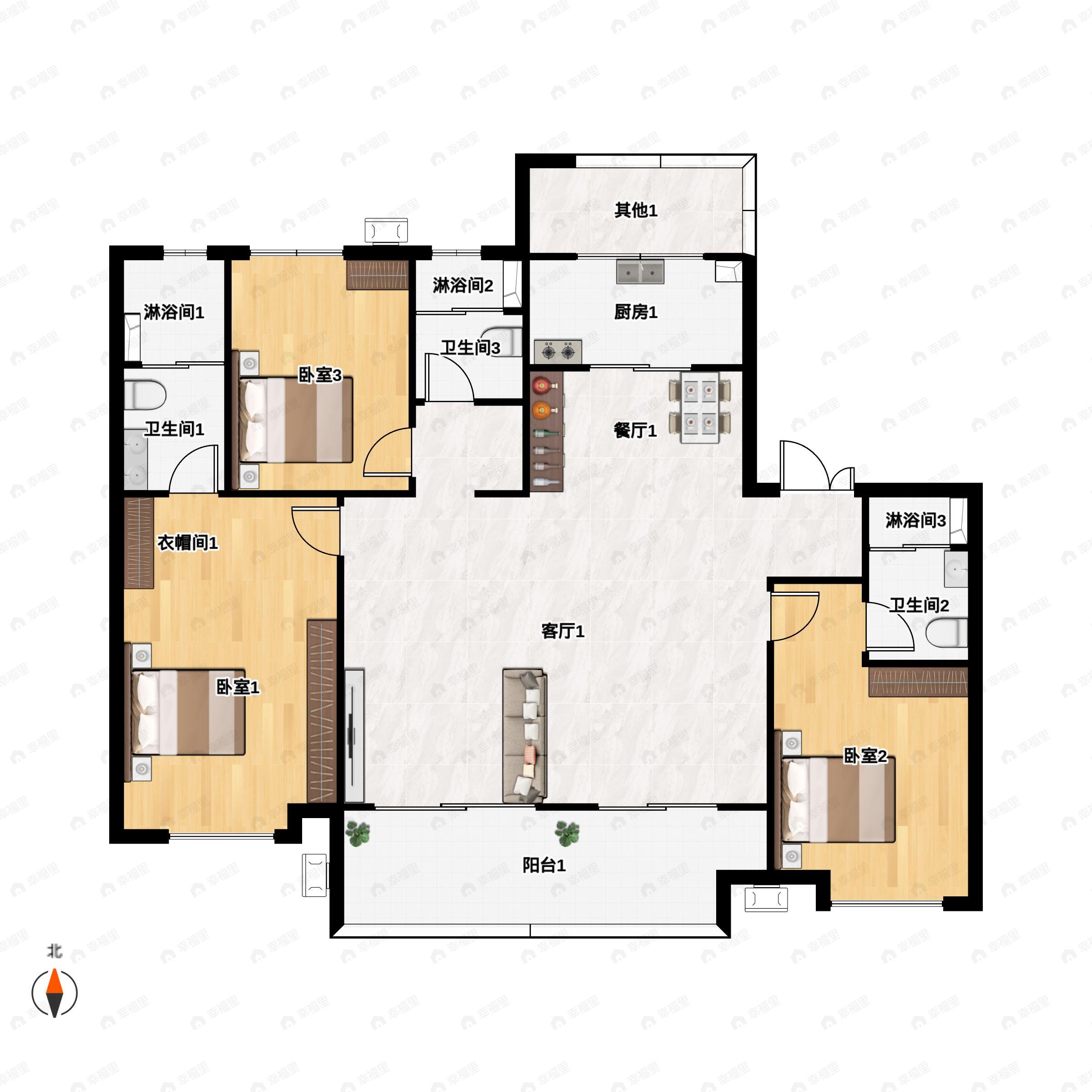 3室2厅3卫建面142m²南户型图
