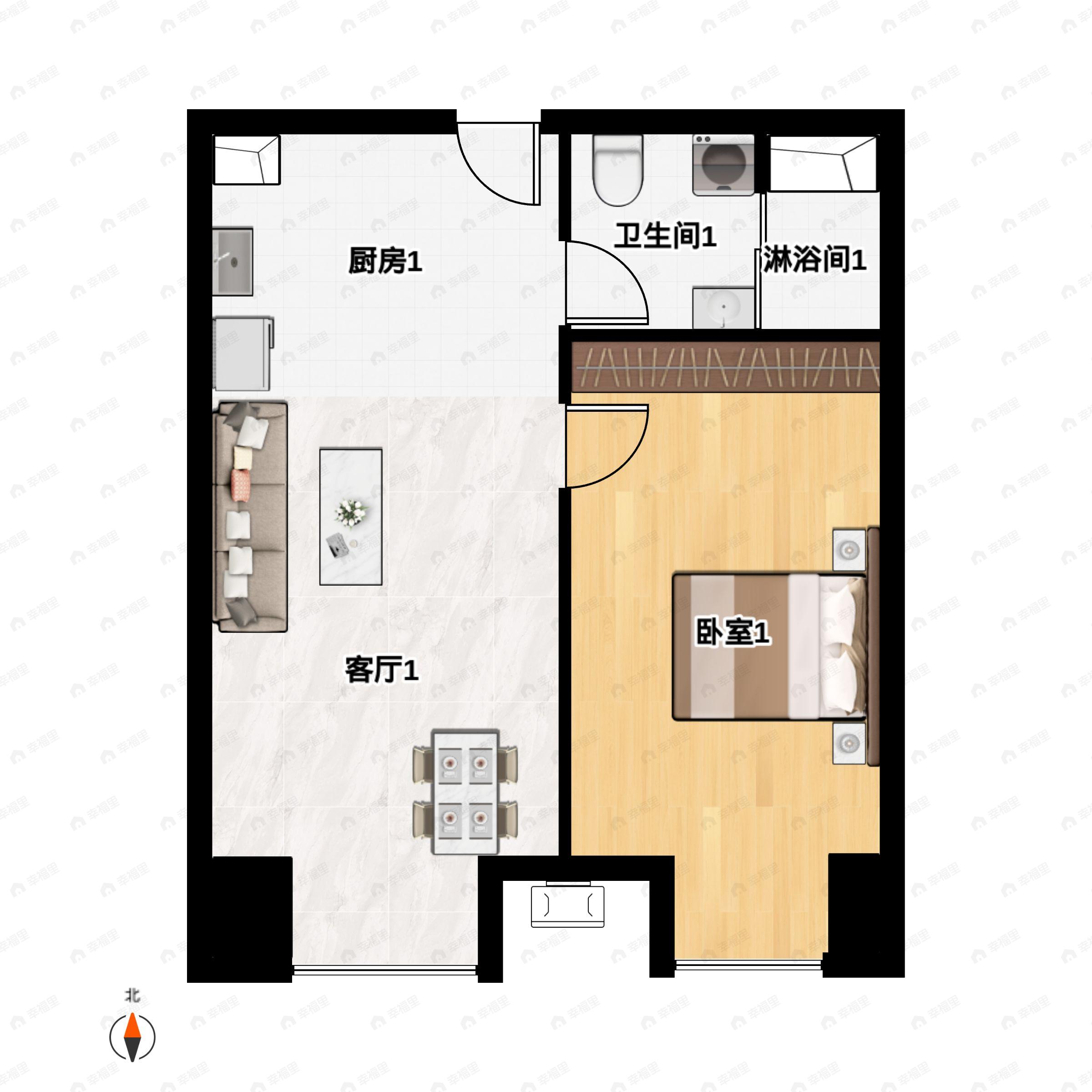 1室1厅1卫建面48平南户型图
