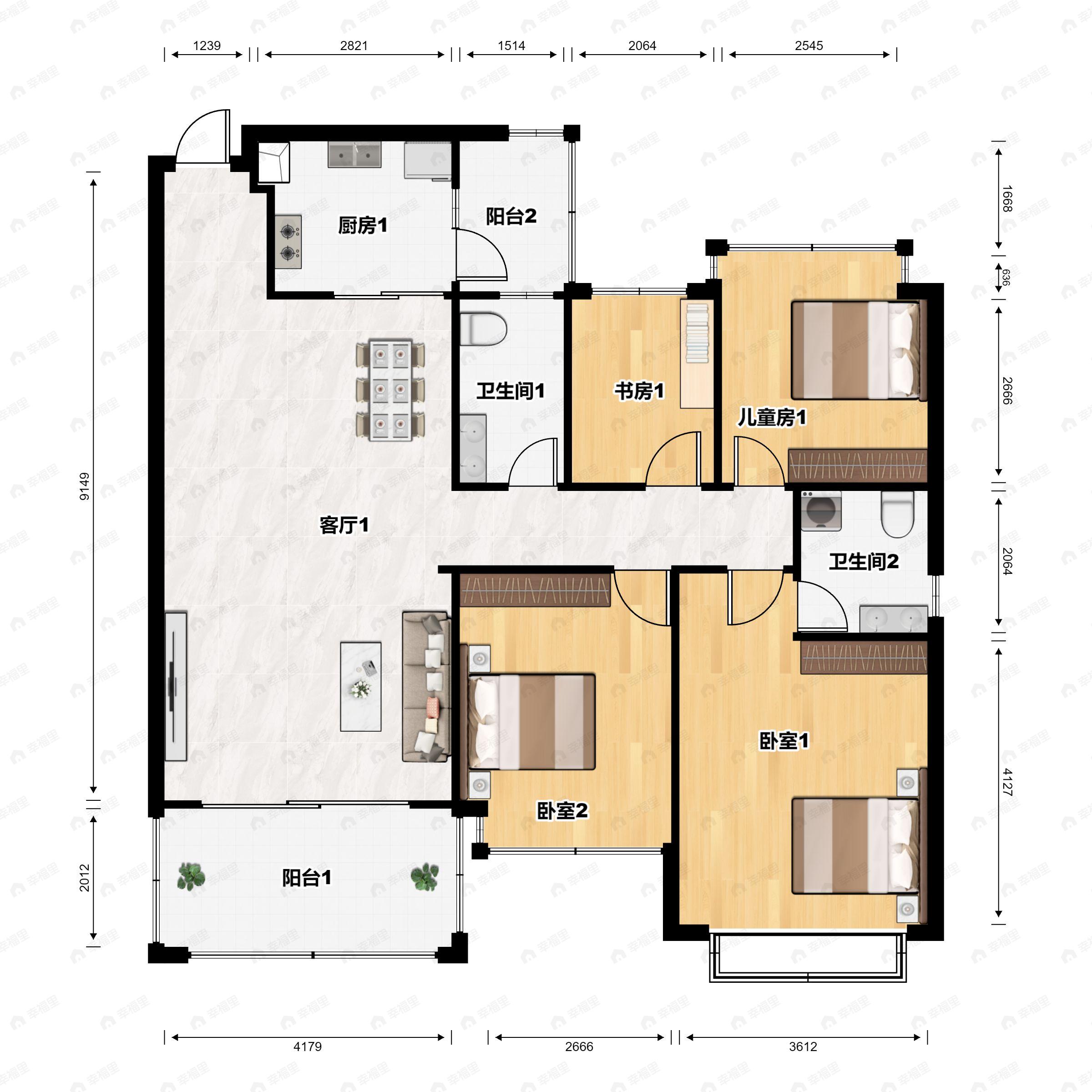 4室2厅2卫建面135平南户型图