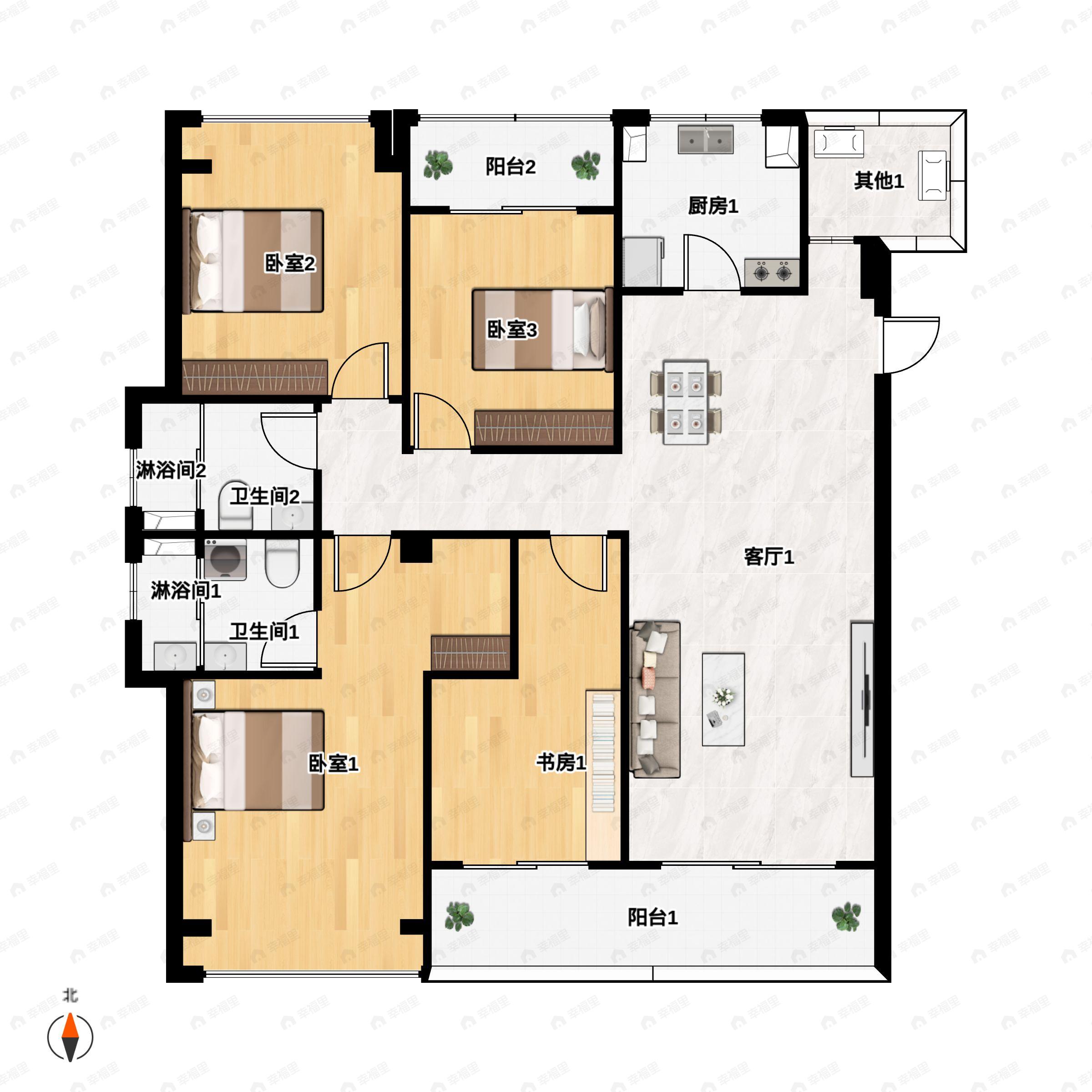 3室2厅2卫建面133平南户型图
