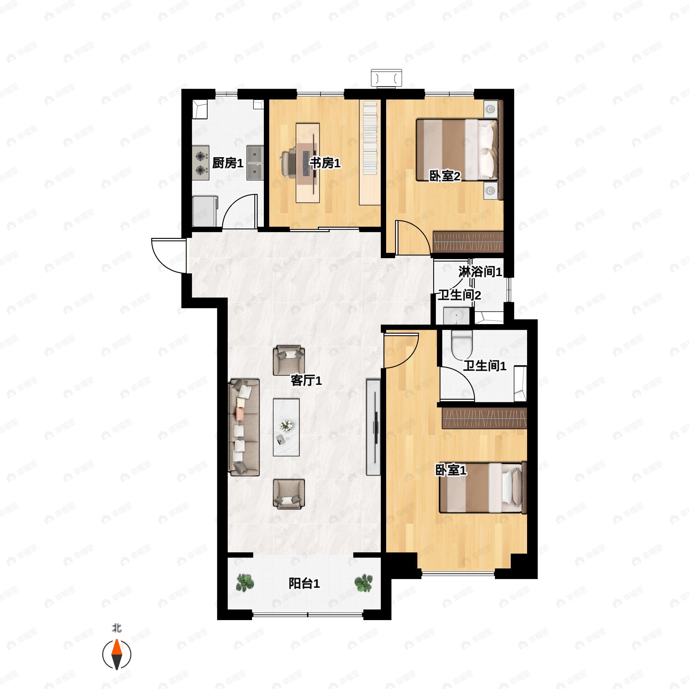 3室2厅2卫建面123m²北|南户型图