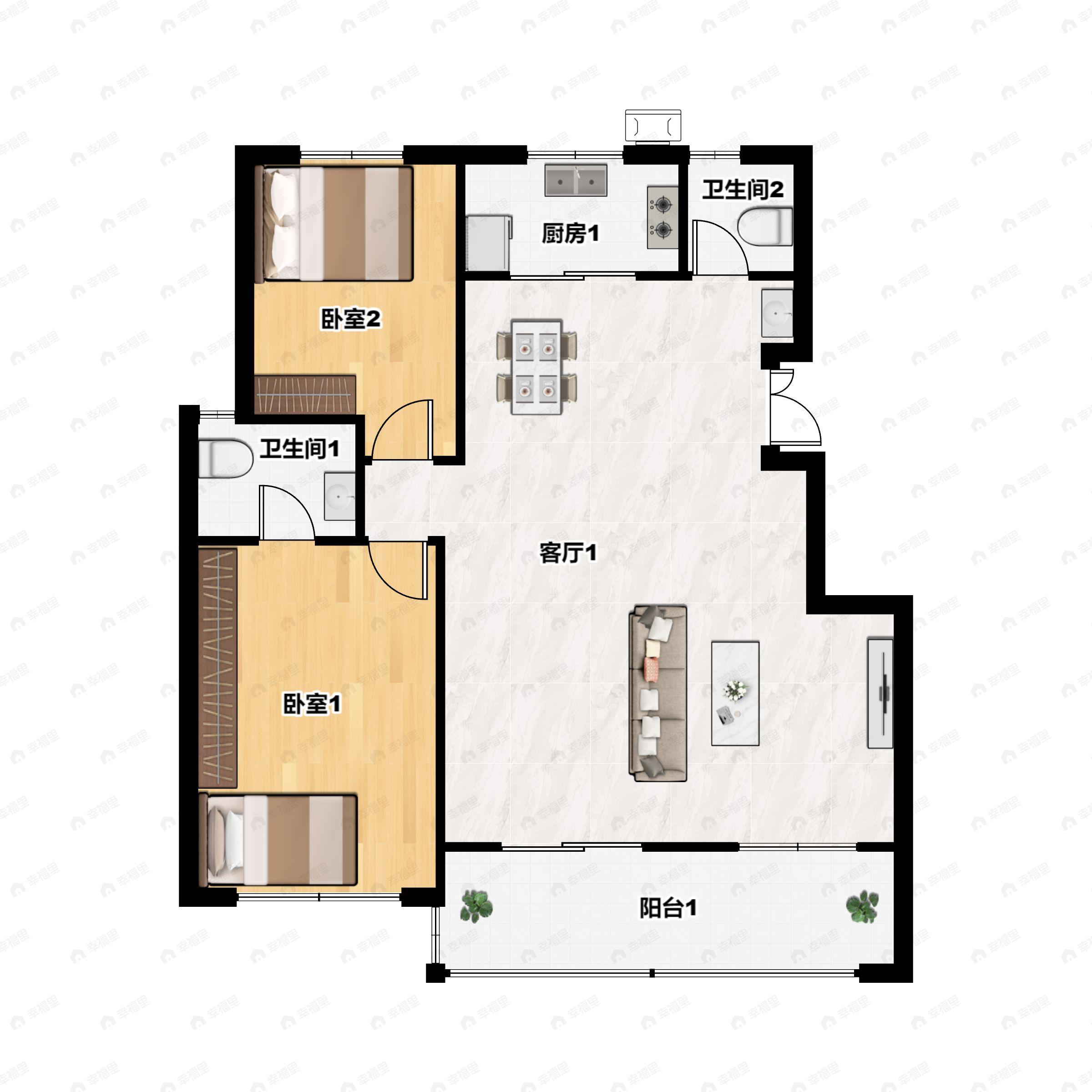 2室2厅2卫建面115m²南|北户型图