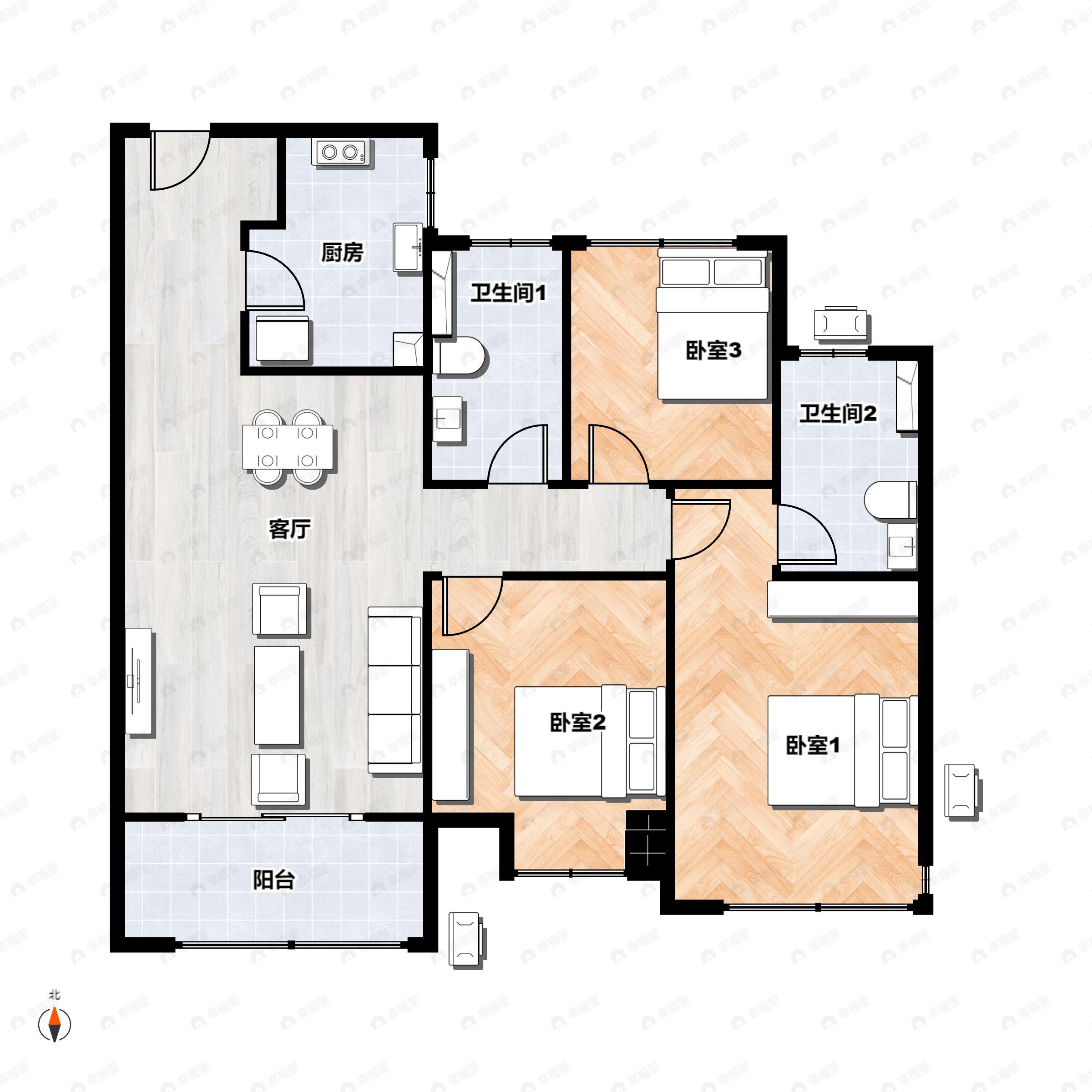 3室2厅2卫建面94平南|北户型图