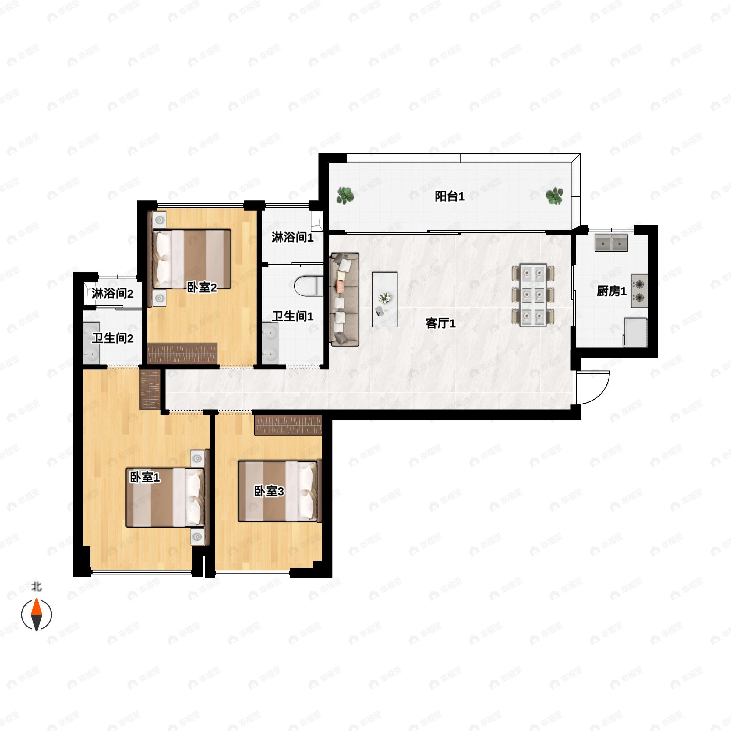 3室2厅2卫建面118m²北户型图