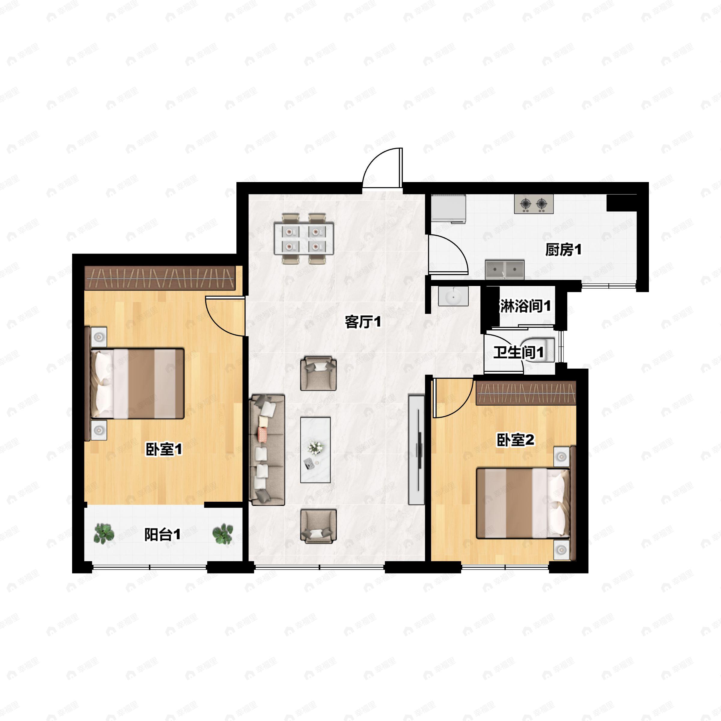 2室2厅1卫建面91m²南户型图