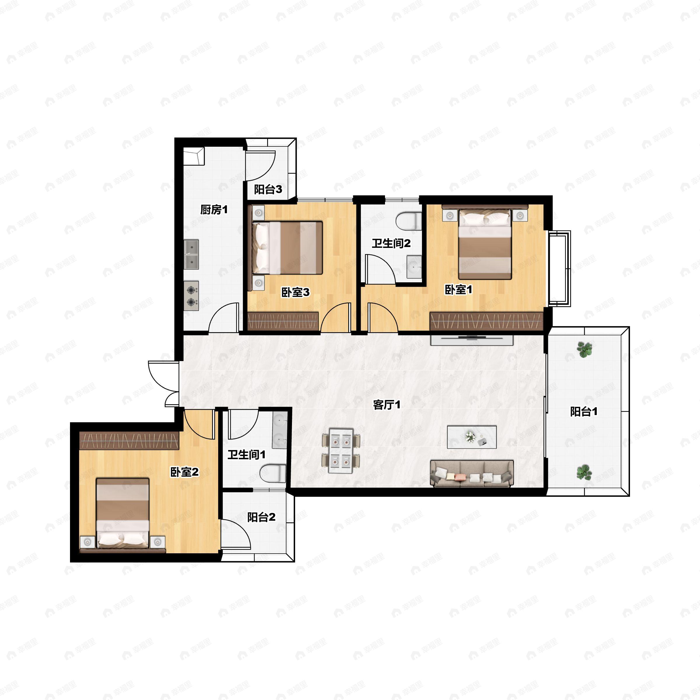 3室2厅2卫建面115m²南户型图