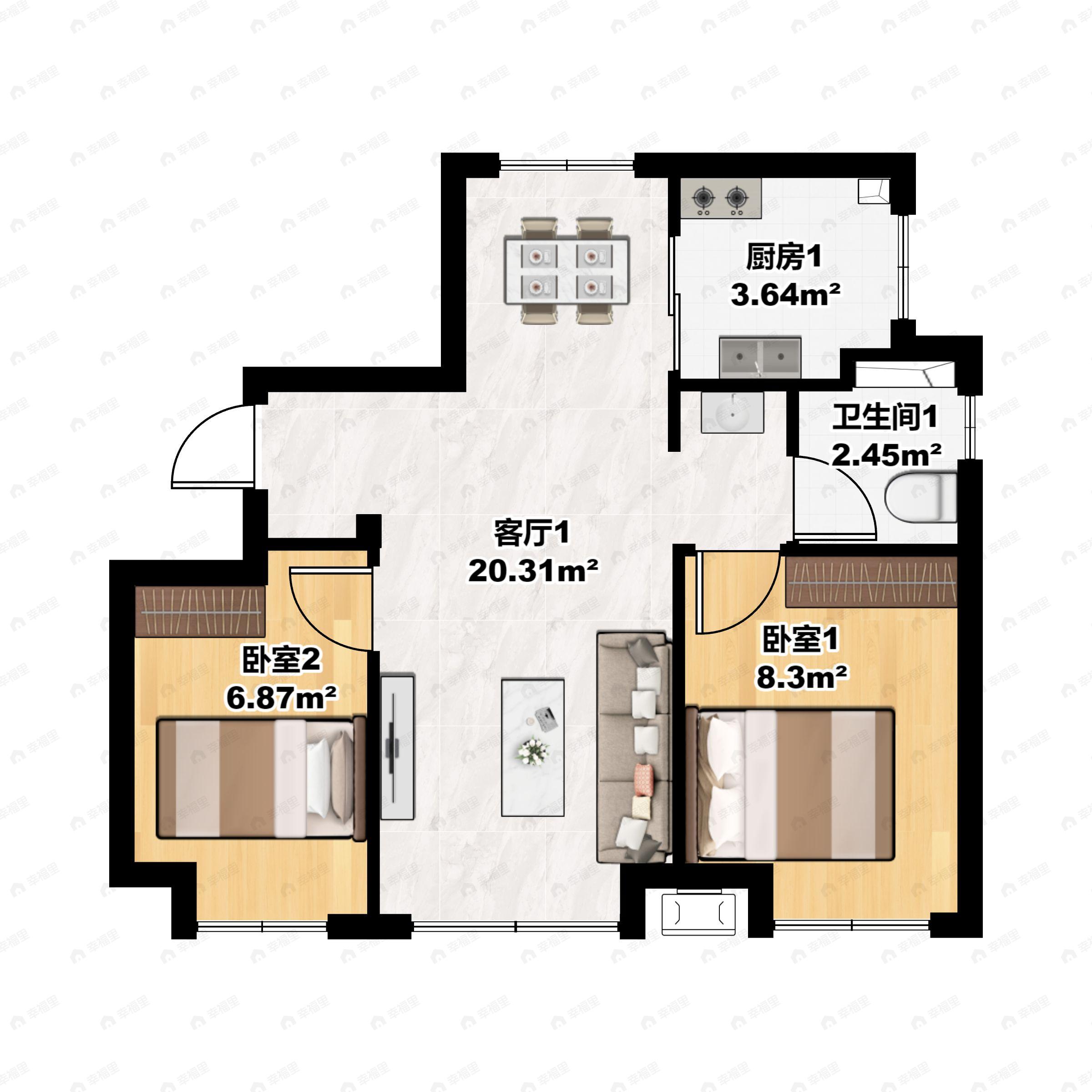 2室2厅1卫建面78平户型图