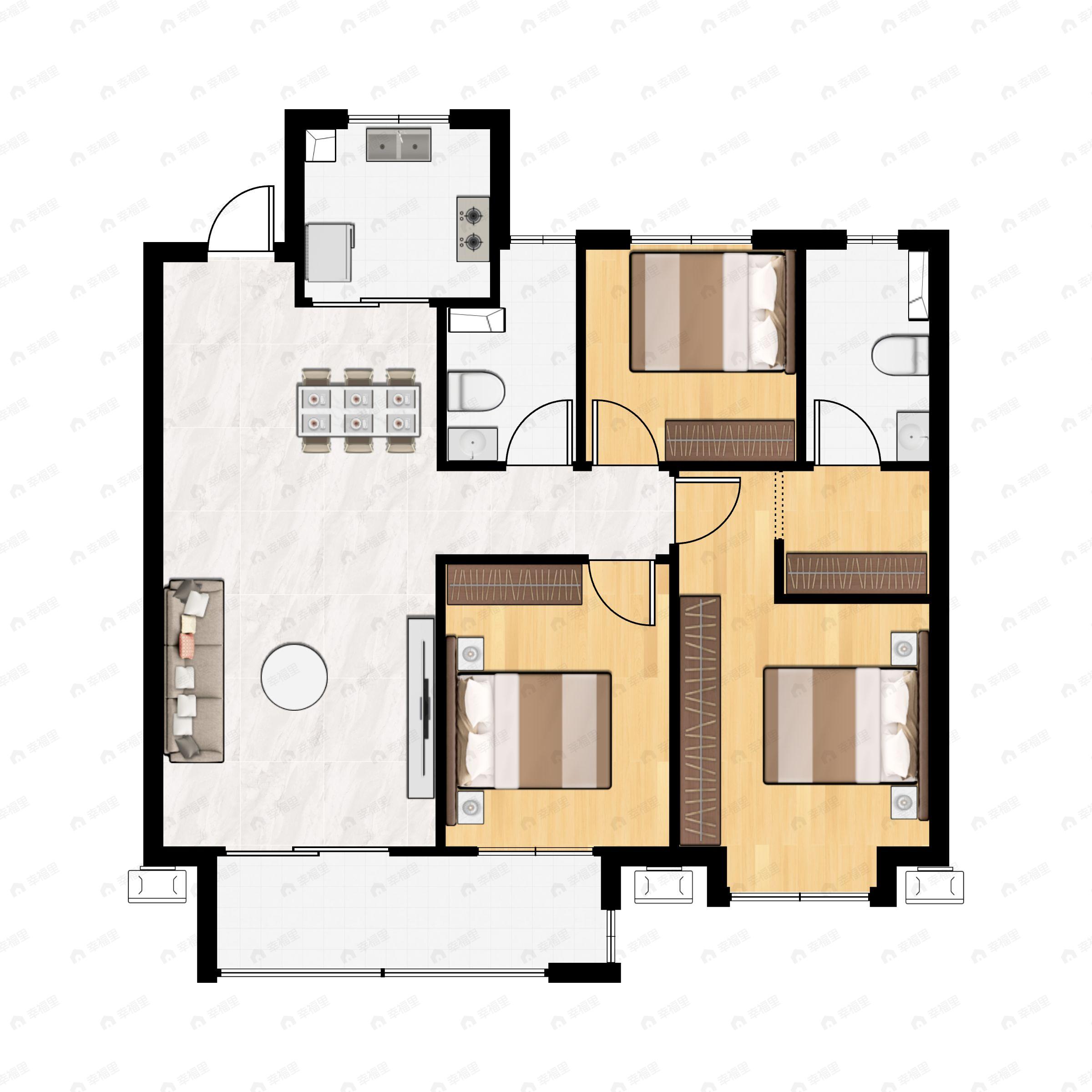 3室2厅2卫建面109m²南|北户型图