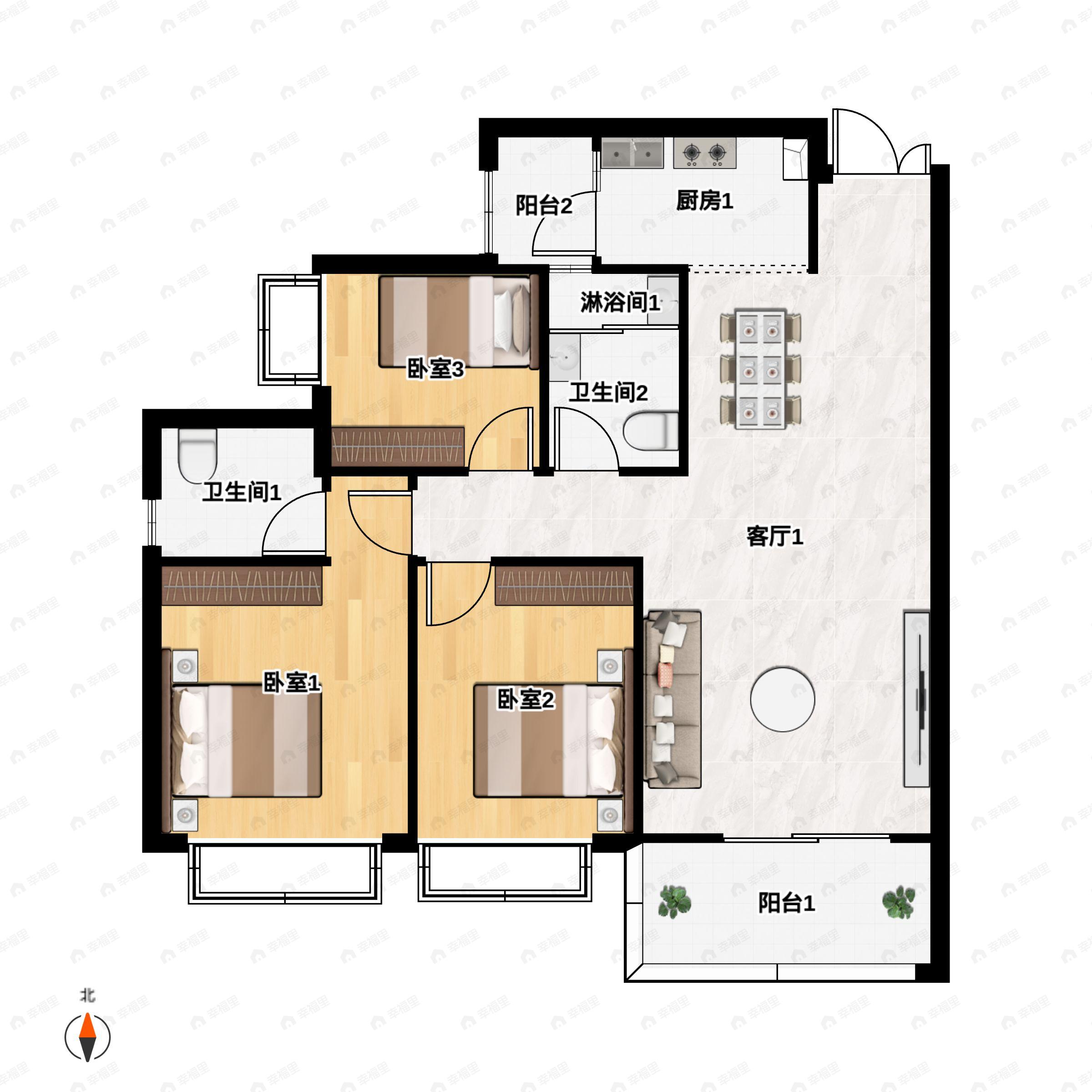 3室2厅2卫建面121平南户型图