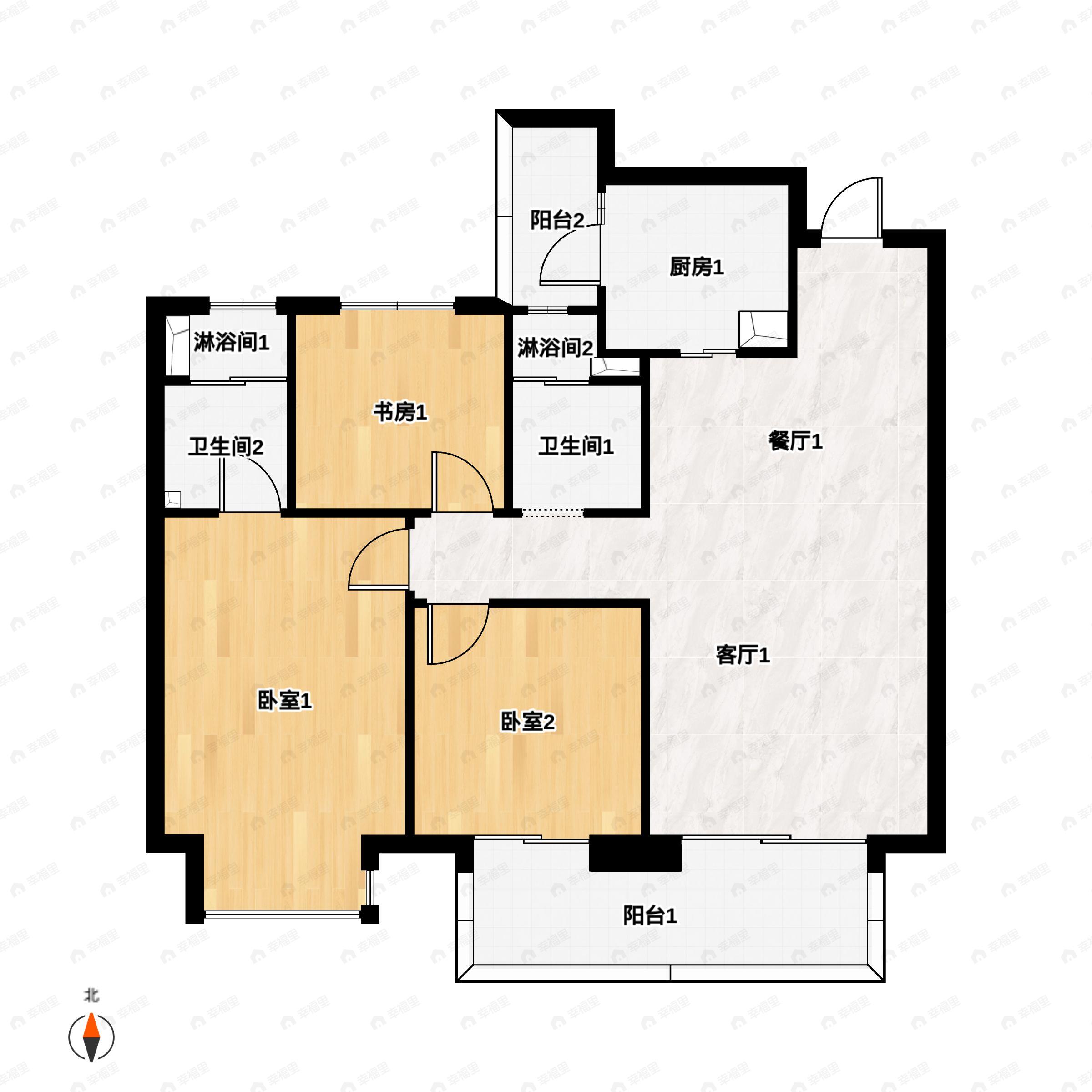 3室2厅2卫建面111m²南户型图