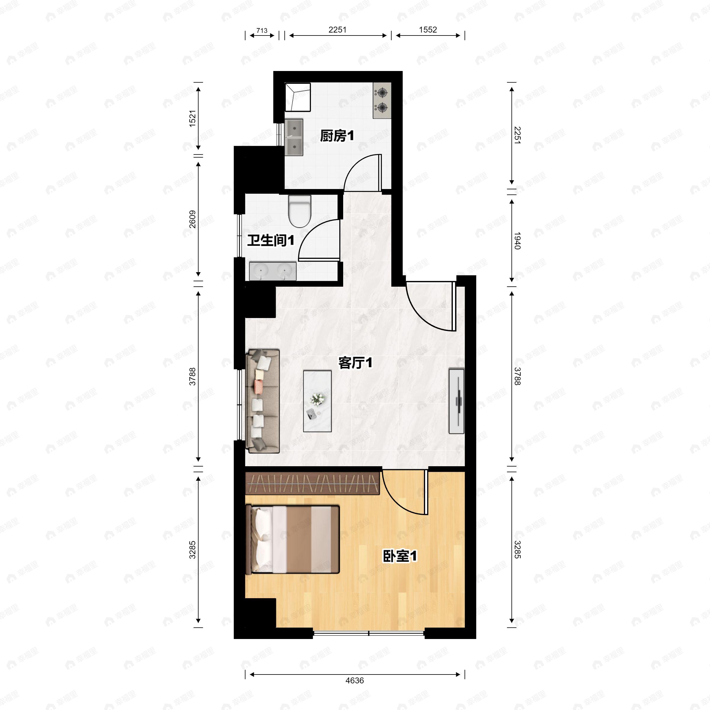 1室1厅1卫建面61m²西南户型图