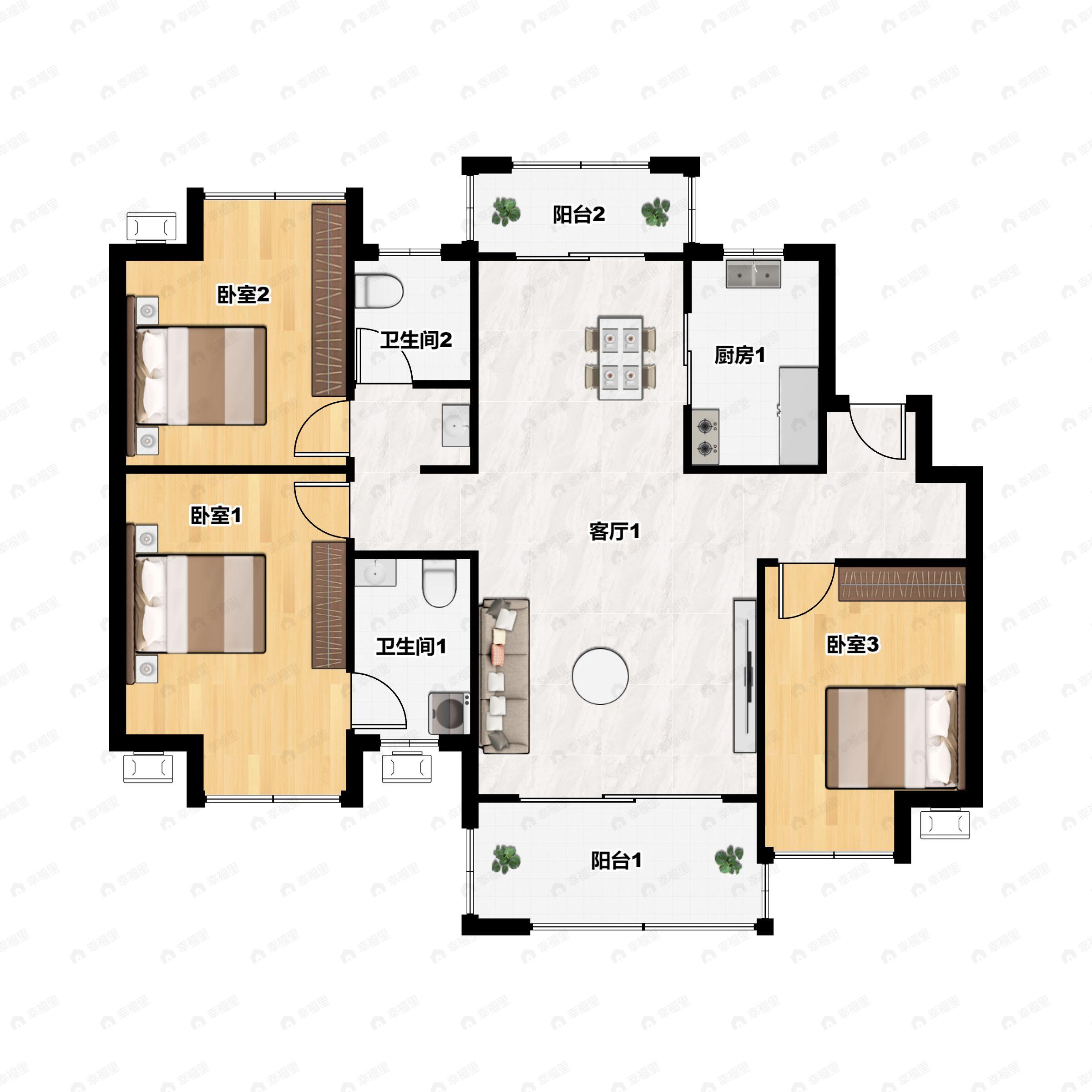 3室2厅2卫建面106平户型图