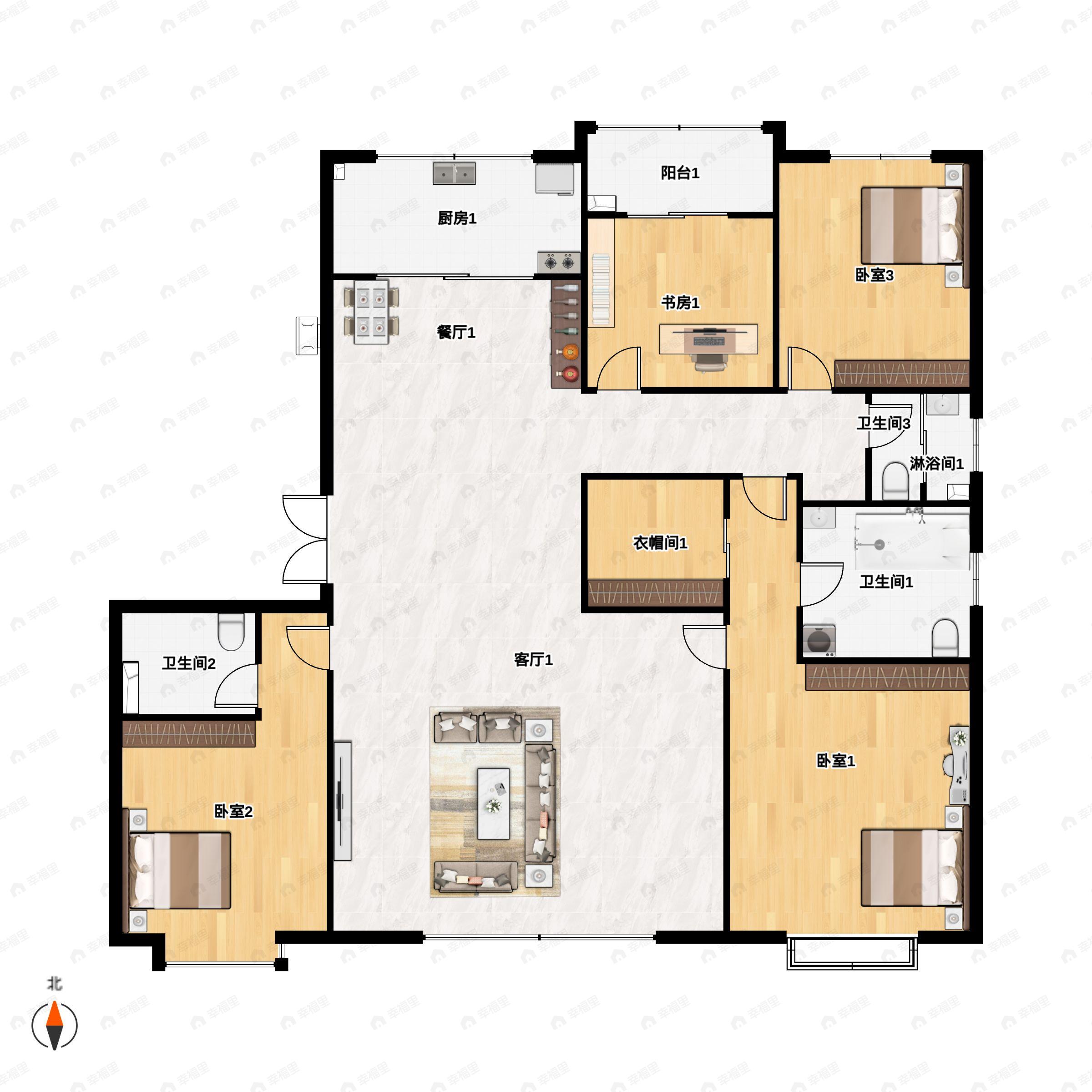 4室2厅3卫建面226平南|北户型图