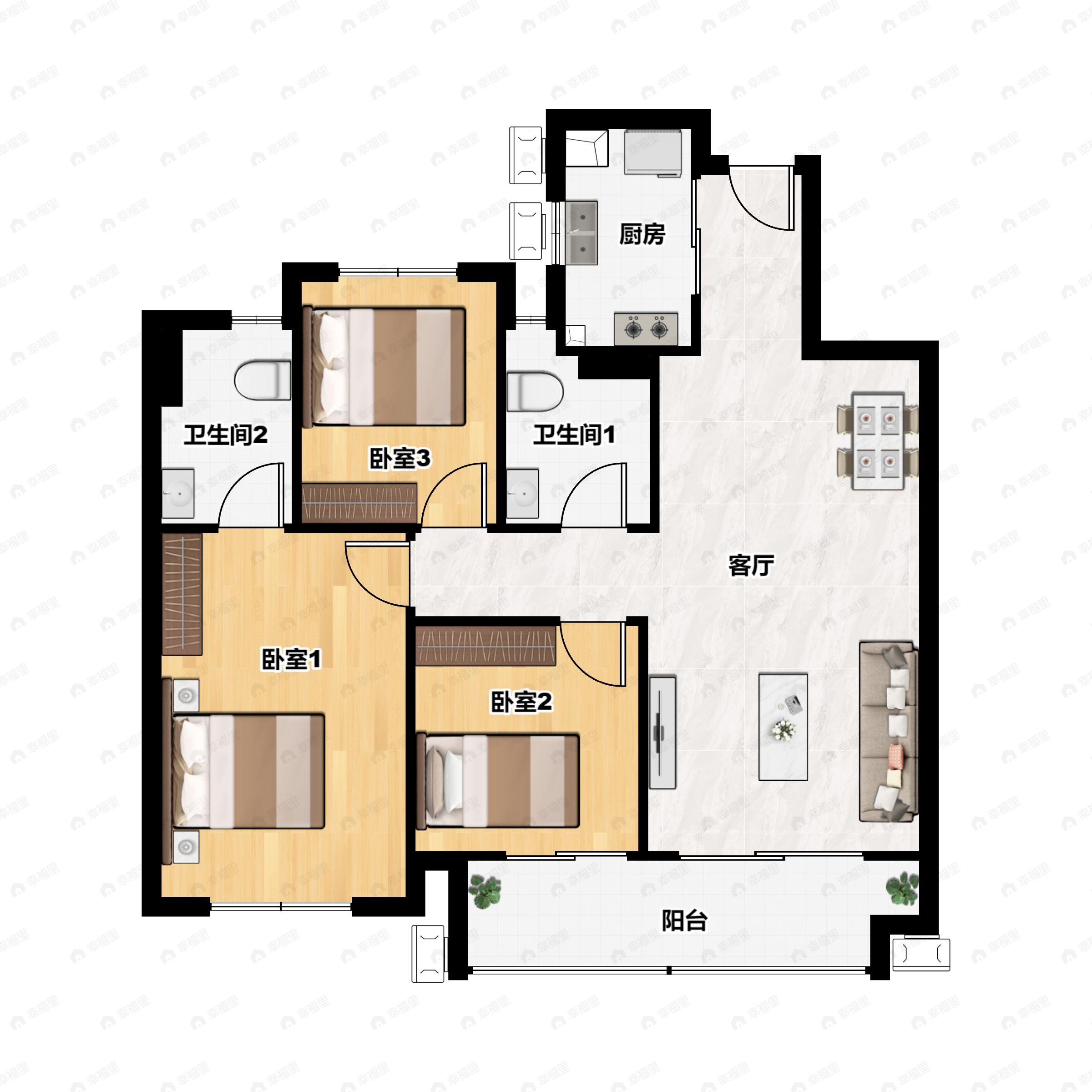 3室2厅2卫建面98平户型图