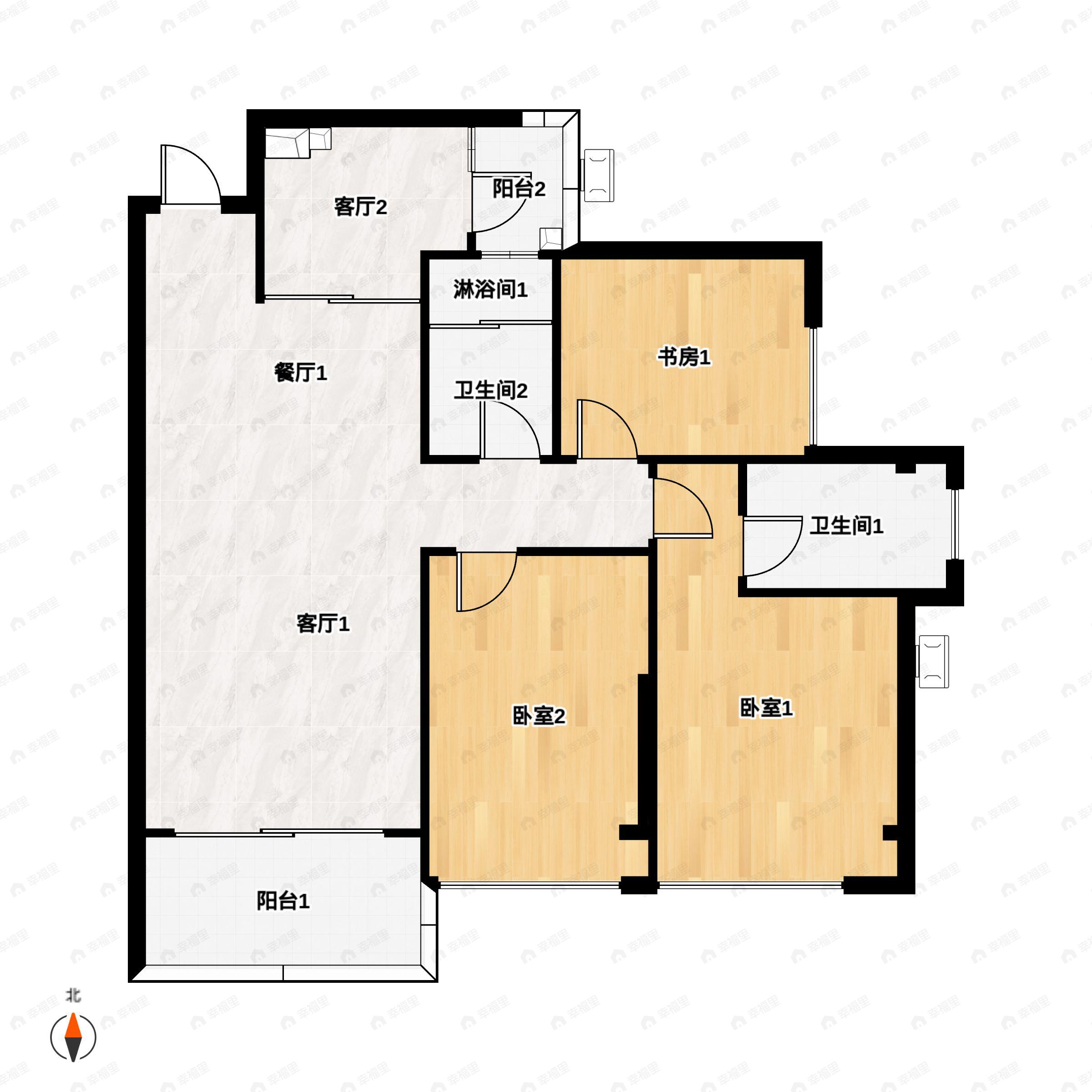 3室2厅2卫建面96平南户型图