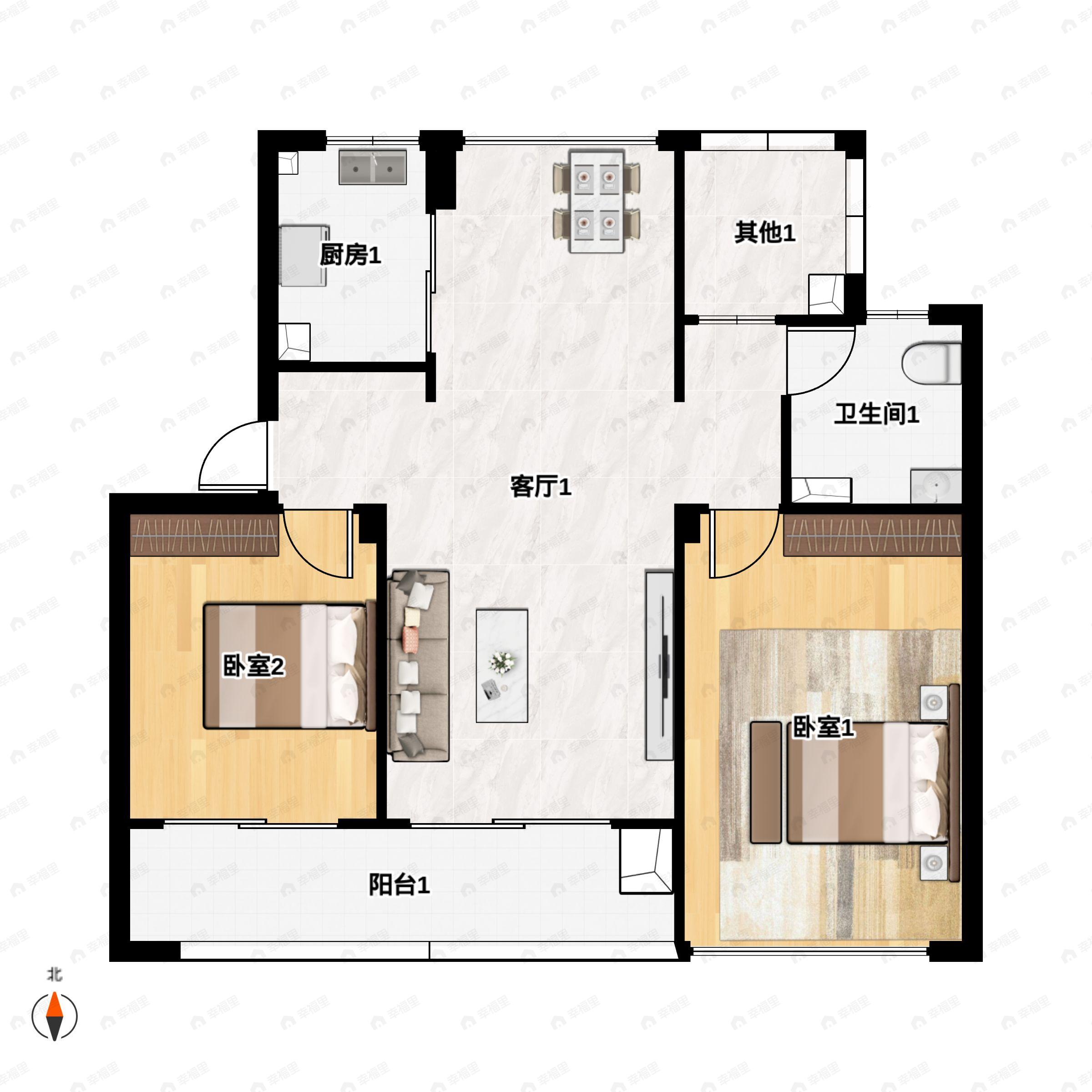 2室2厅1卫建面89m²东南户型图