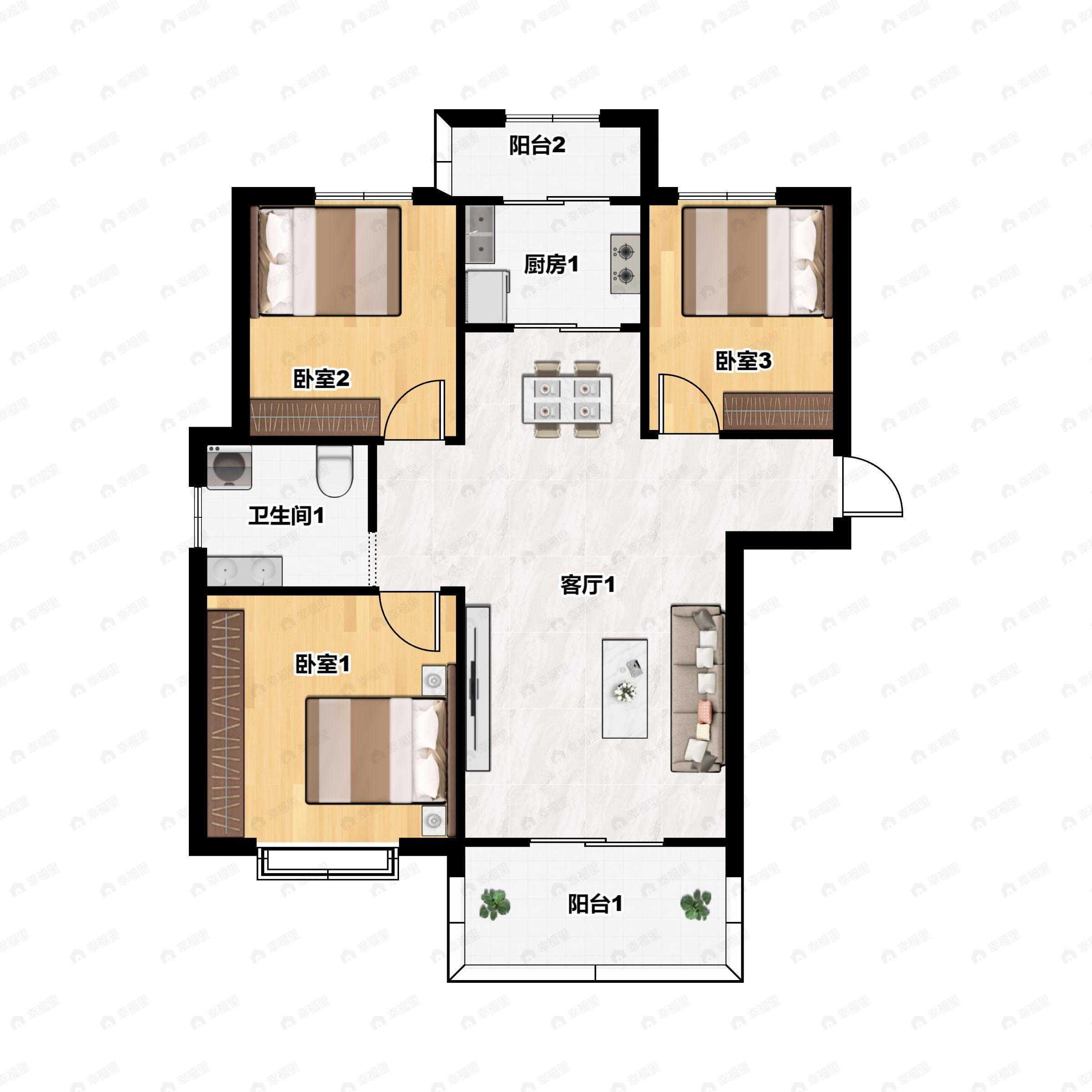 3室2厅1卫建面118平南|北户型图