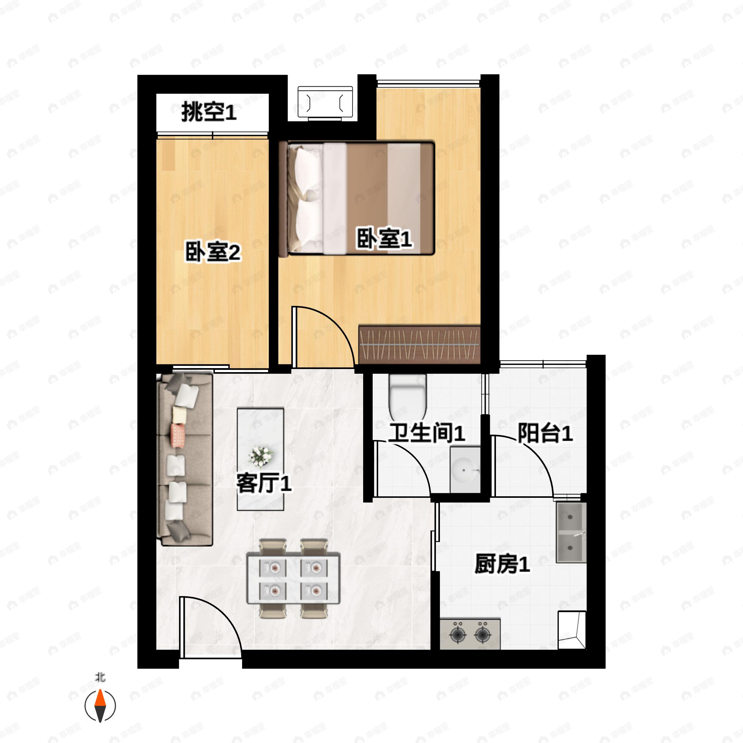 1室1厅1卫建面48平户型图
