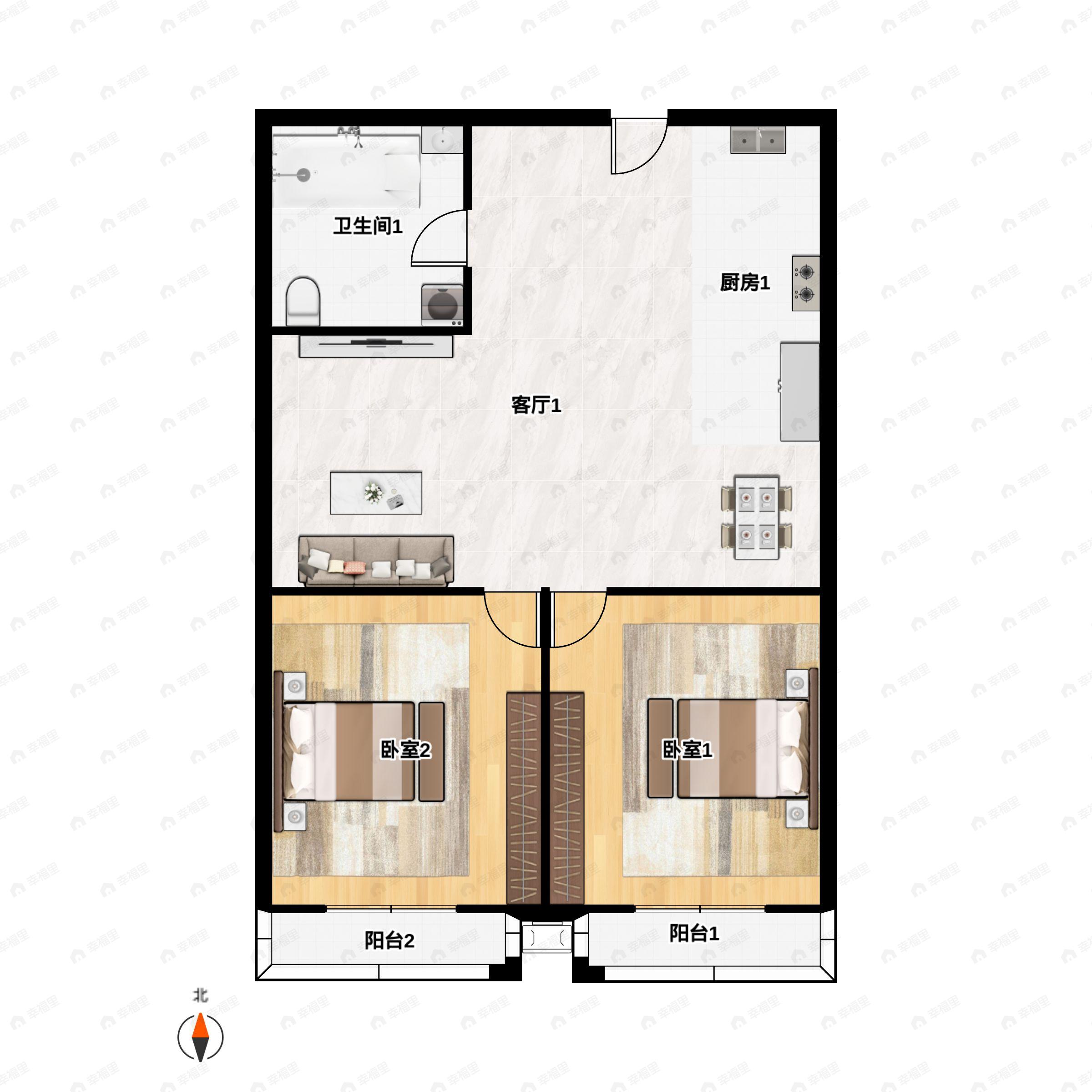 2室2厅1卫建面68平南户型图