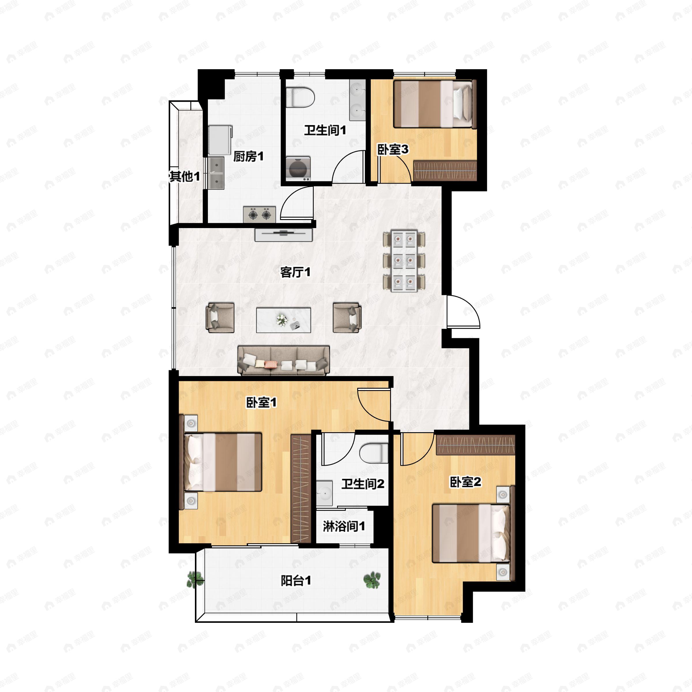 3室2厅2卫建面98平北|南户型图