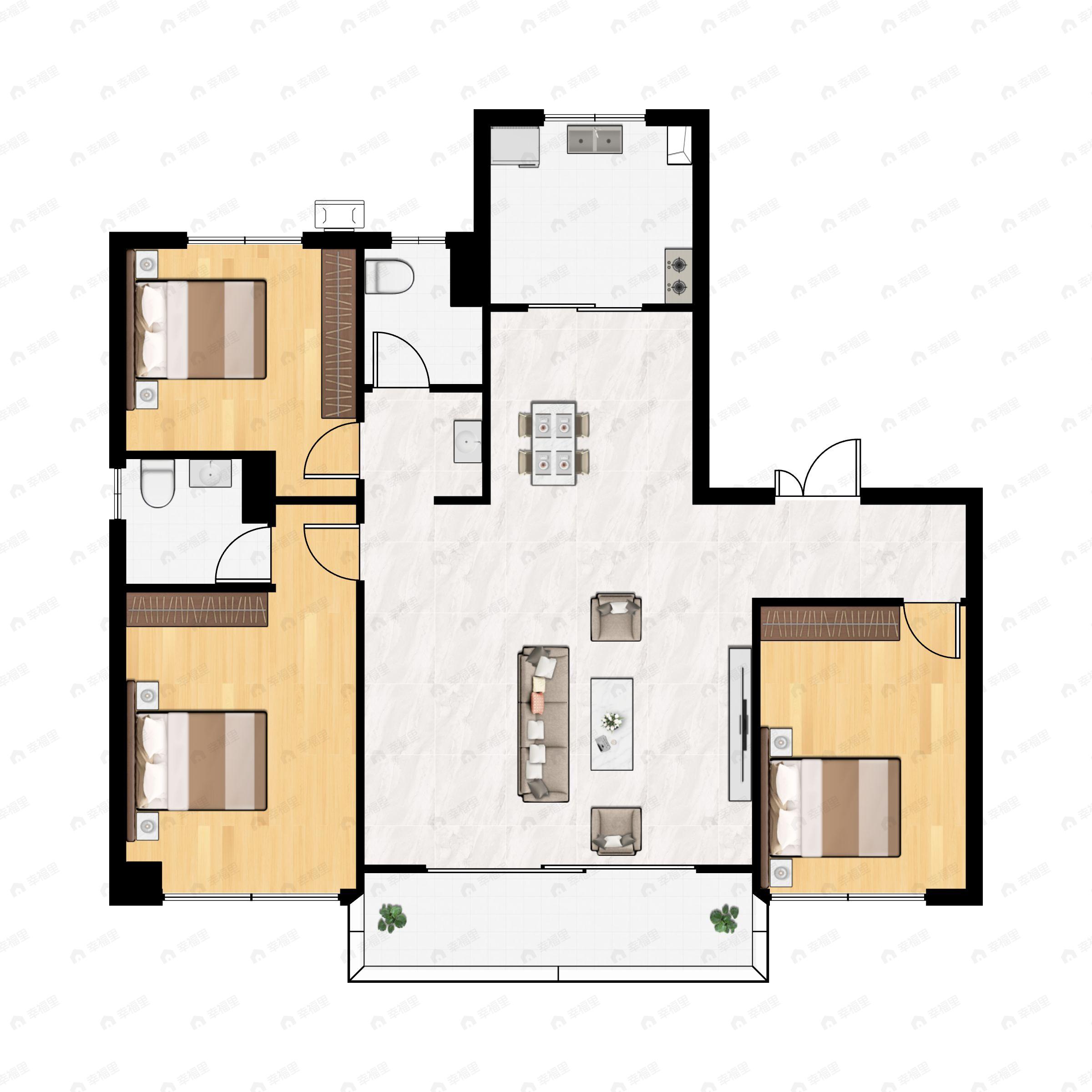3室2厅2卫建面128m²户型图