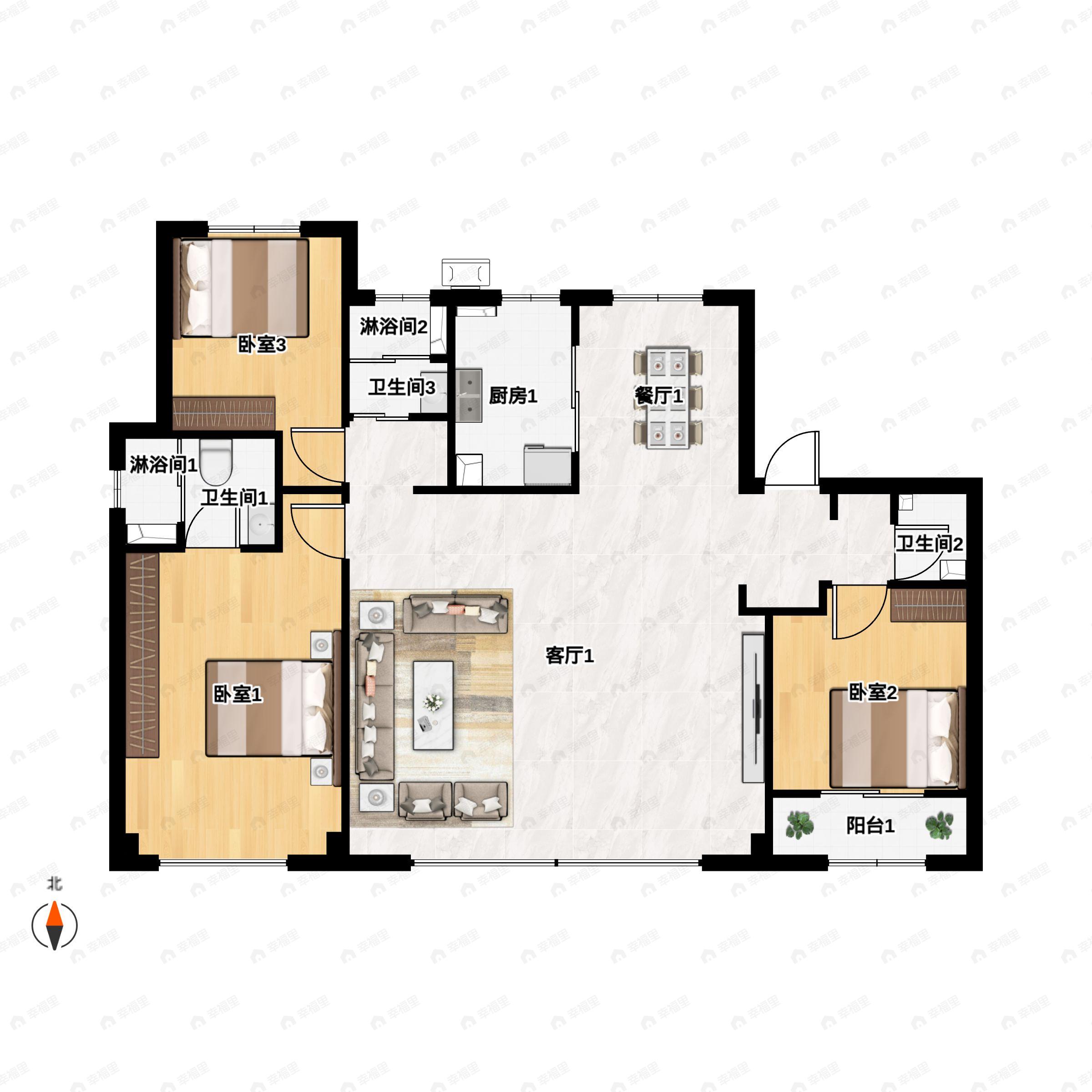 3室2厅3卫建面142m²北户型图