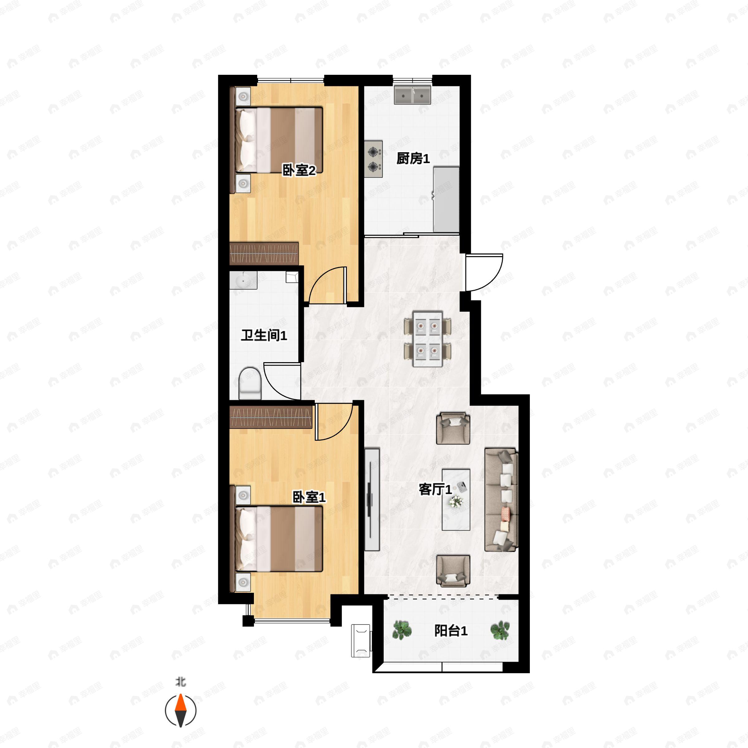 2室2厅1卫建面85m²北|南户型图