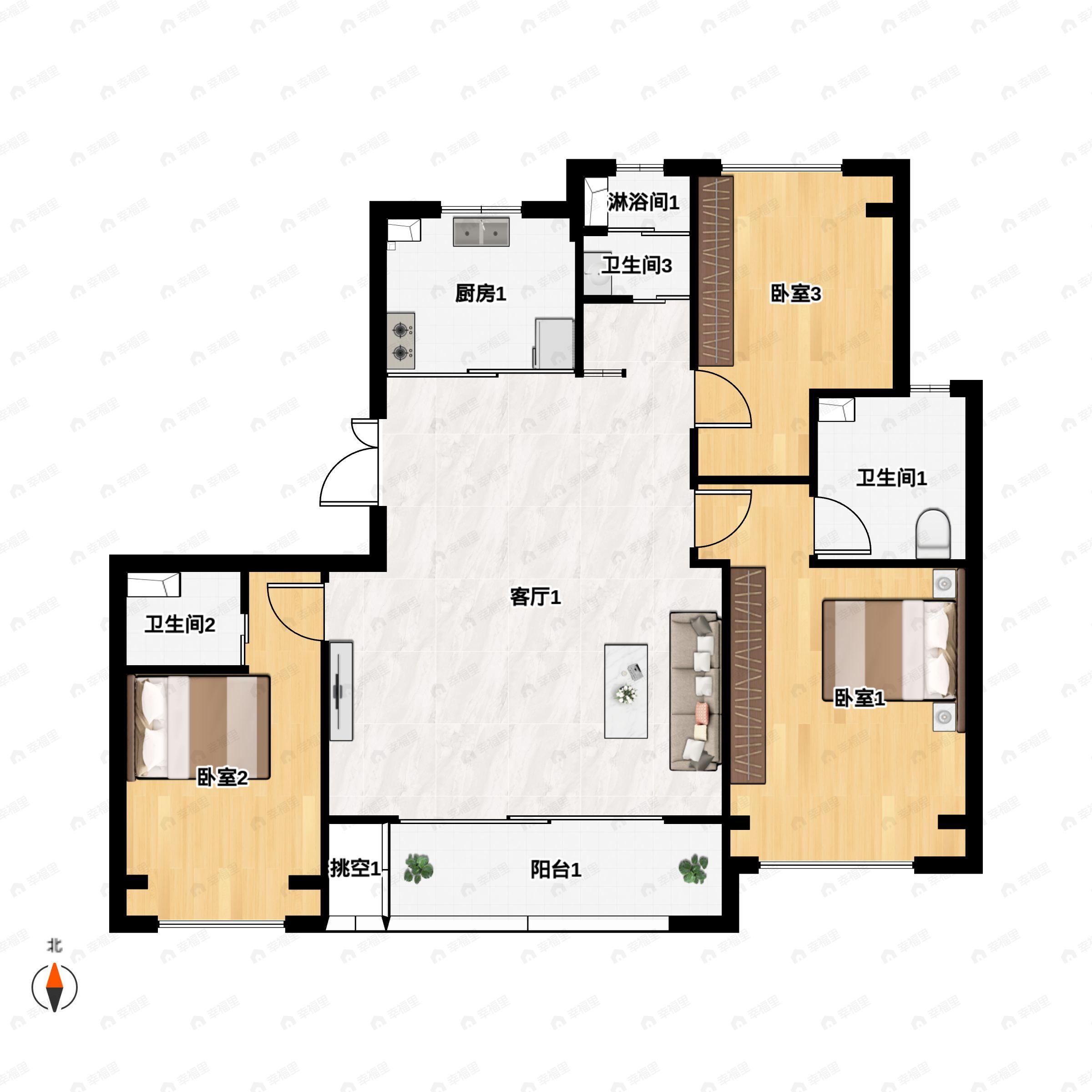 3室2厅3卫建面127平户型图