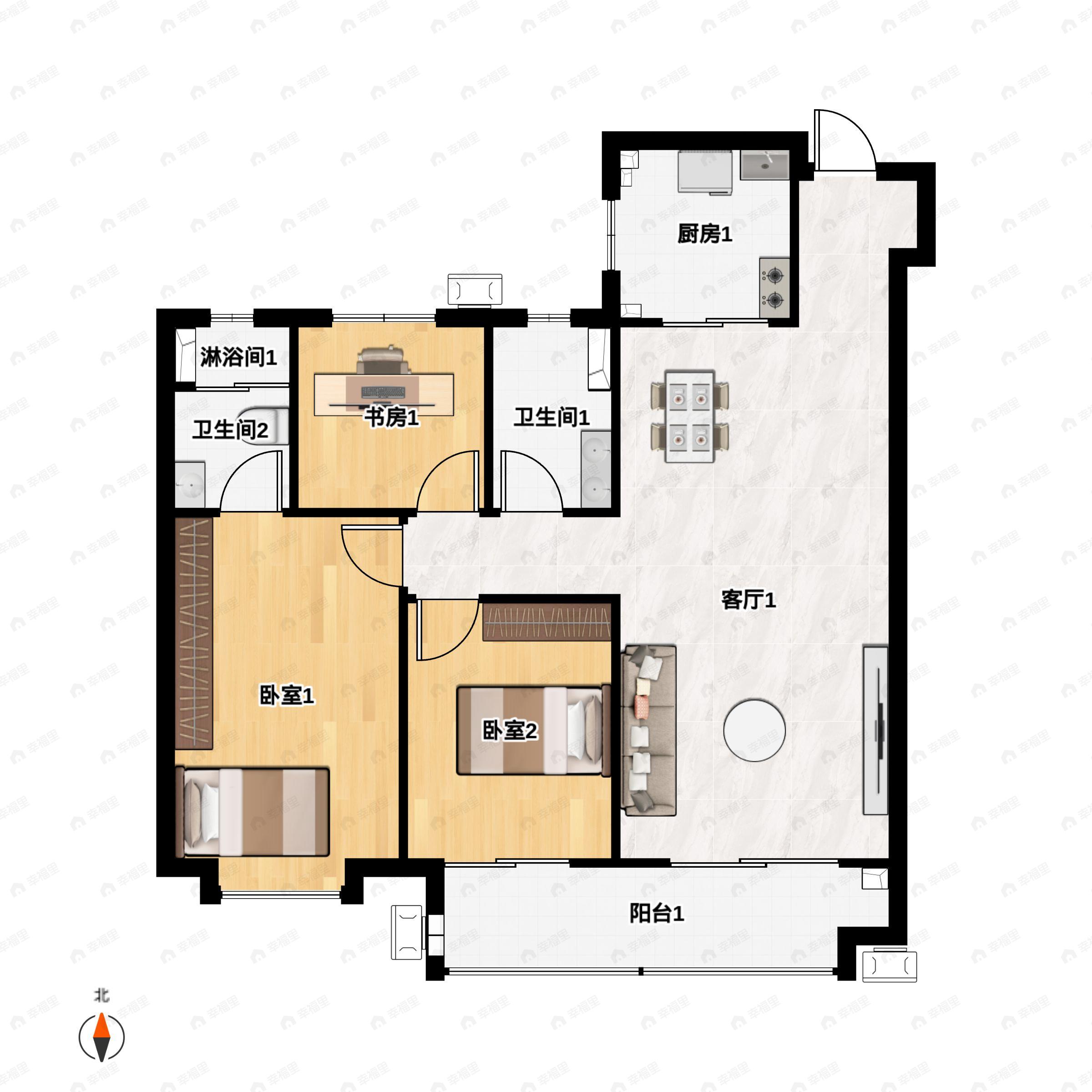 3室2厅2卫建面120m²南户型图