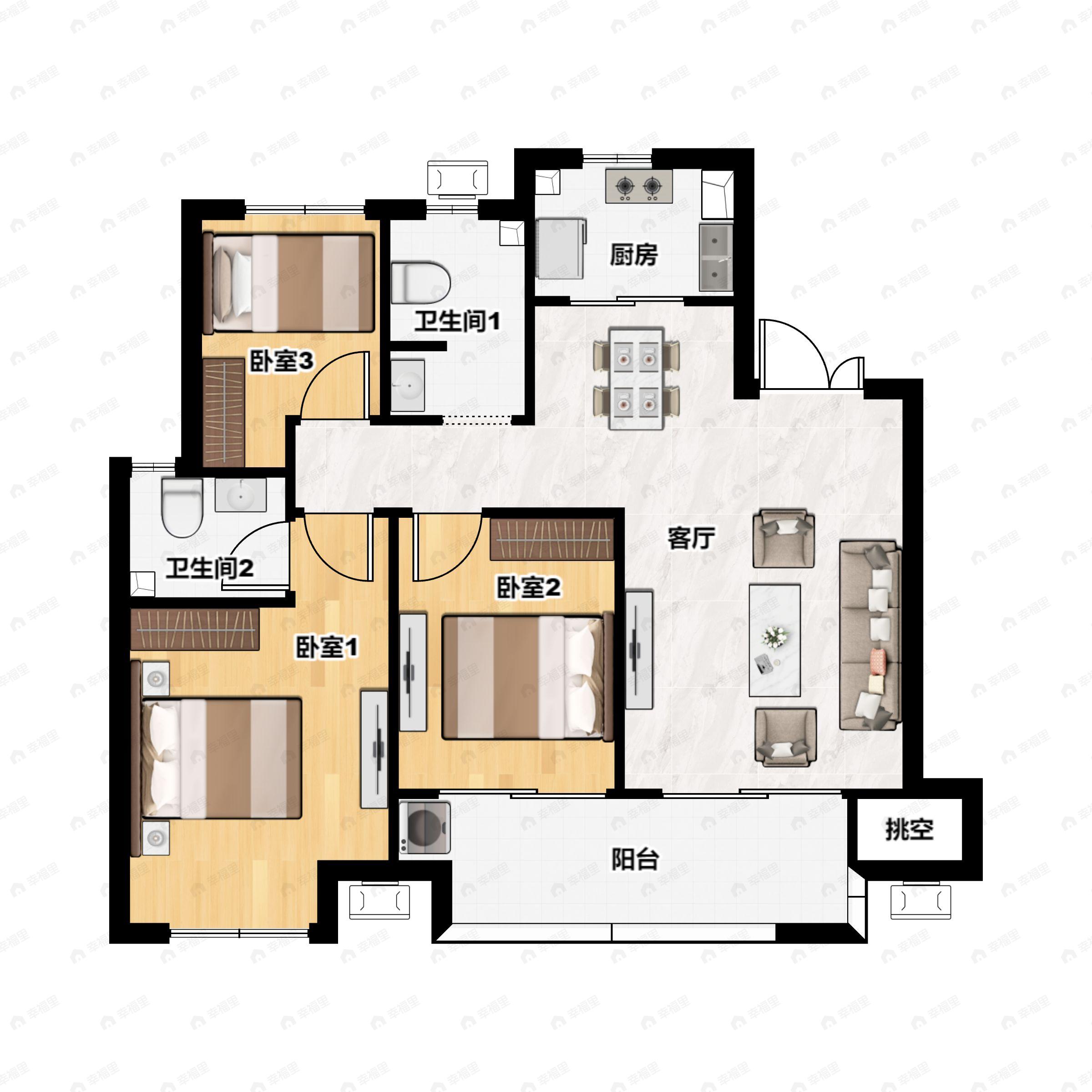 3室2厅2卫建面102平户型图