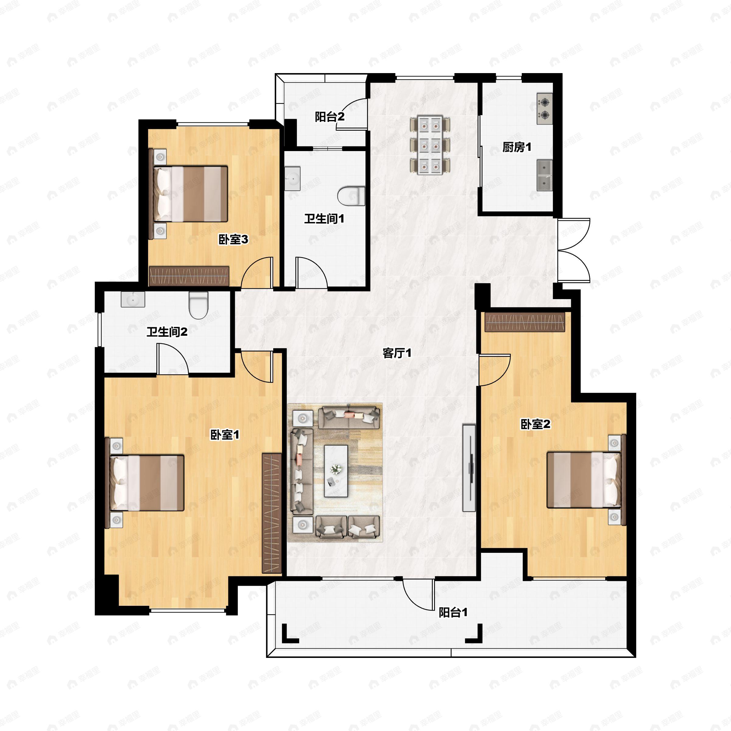 3室2厅2卫建面122平南户型图