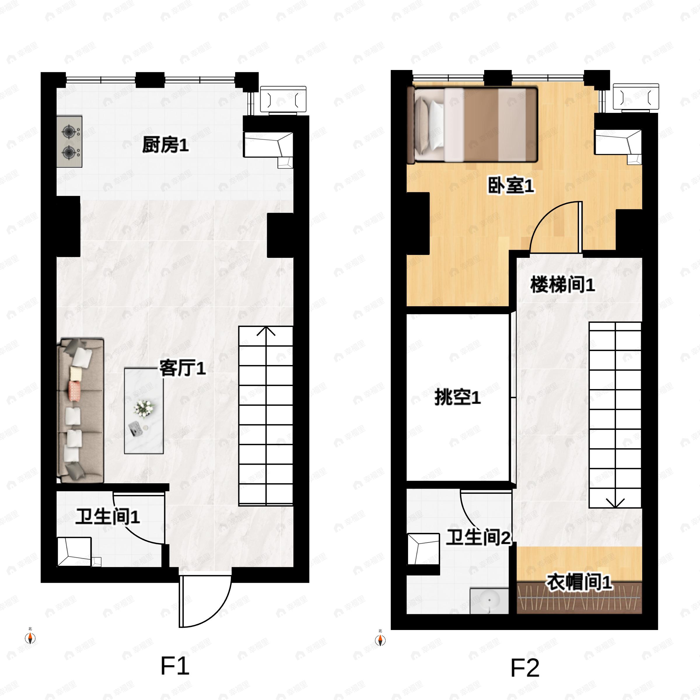 1室2厅2卫建面60平北户型图