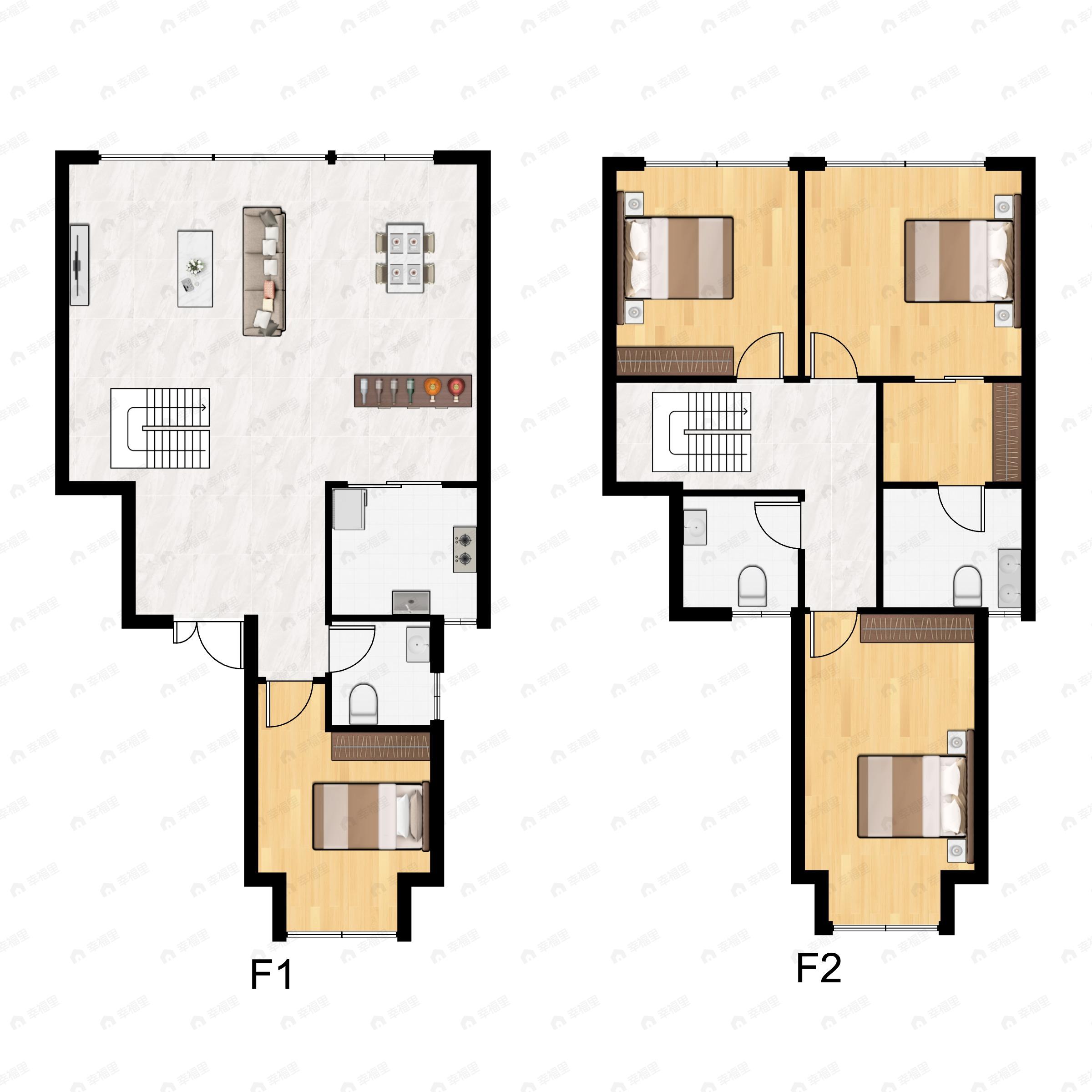 2室2厅3卫建面136m²东北户型图