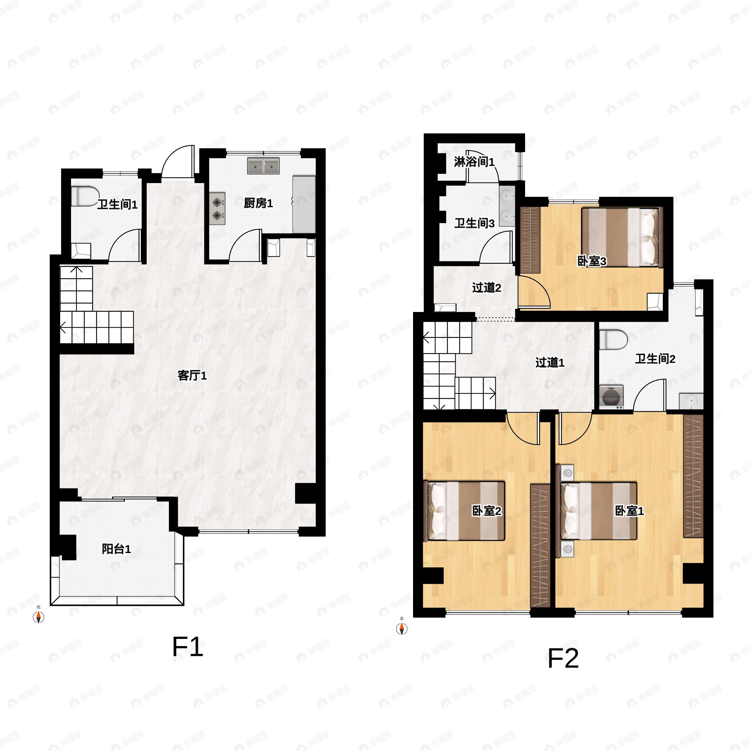 3室2厅3卫建面118平北|南户型图