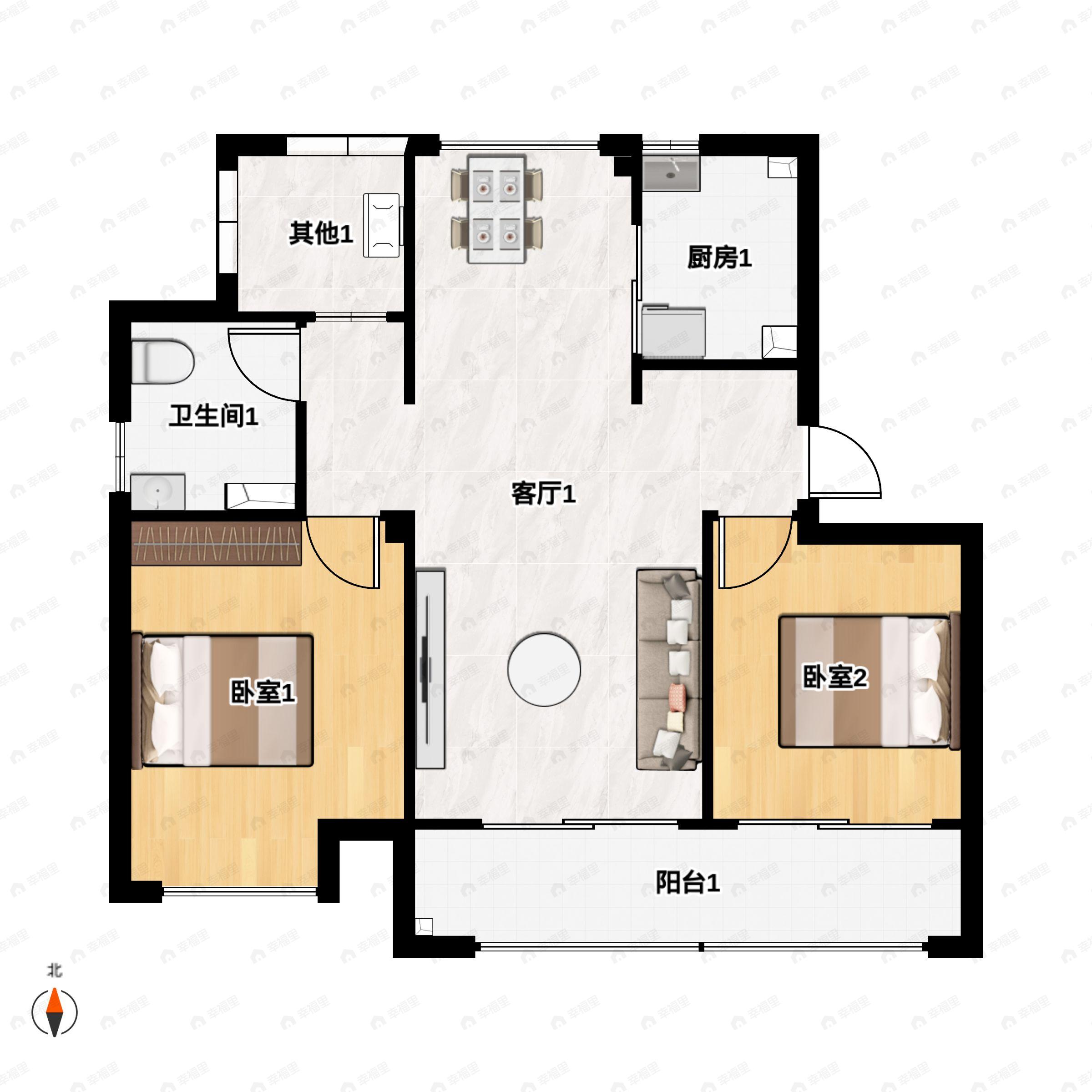 2室2厅1卫建面94m²南户型图