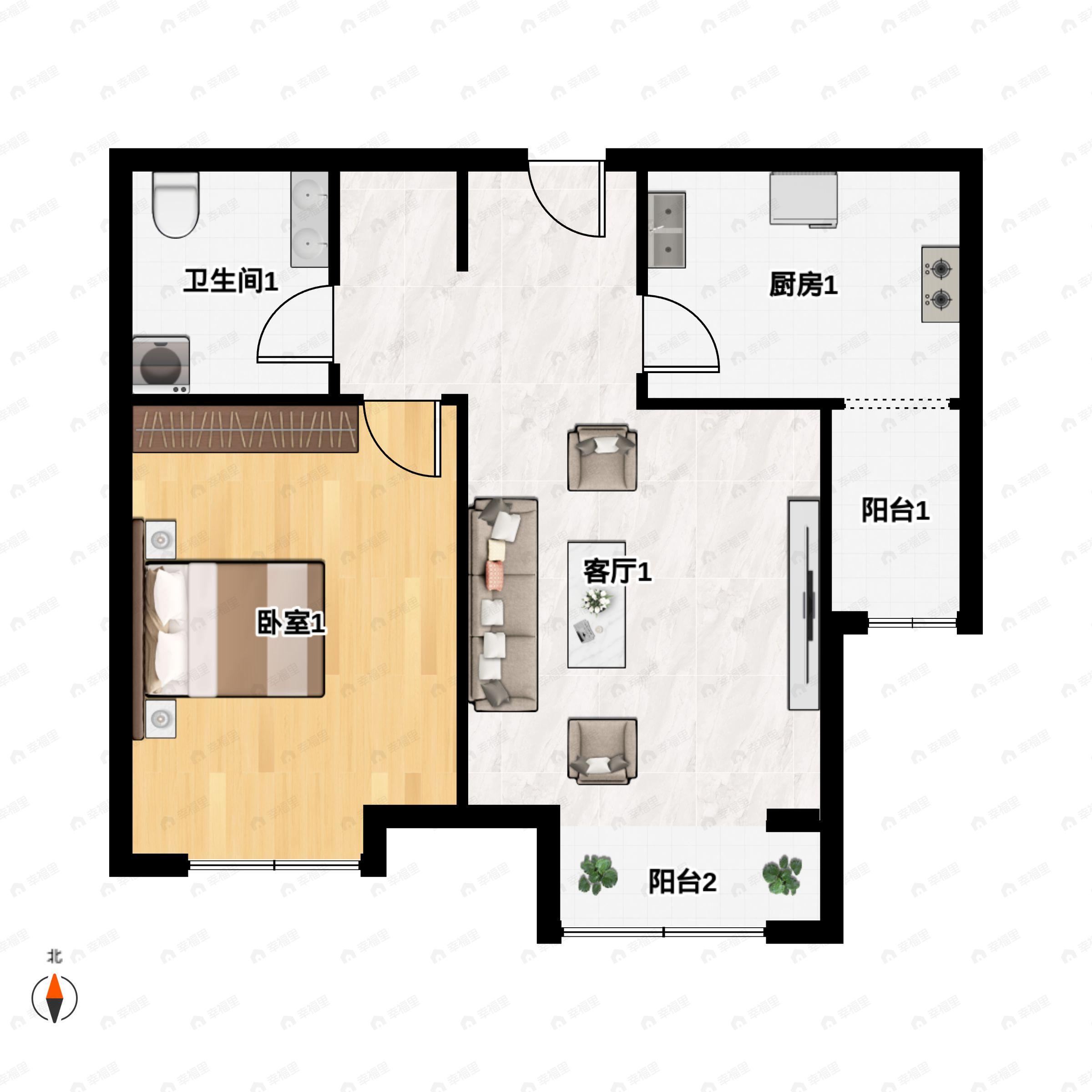 1室1厅1卫建面54m²南户型图