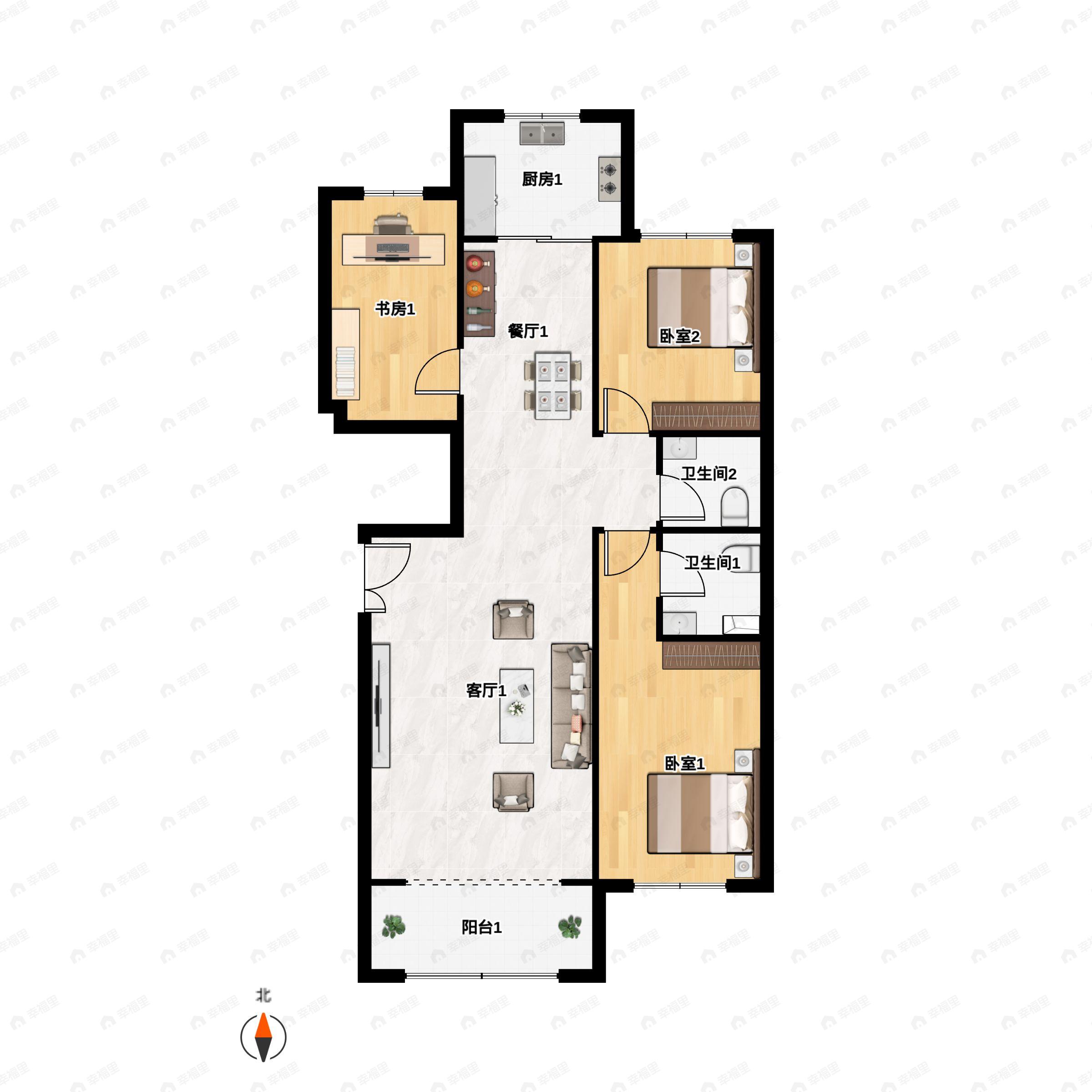 3室2厅2卫建面142m²南|北户型图