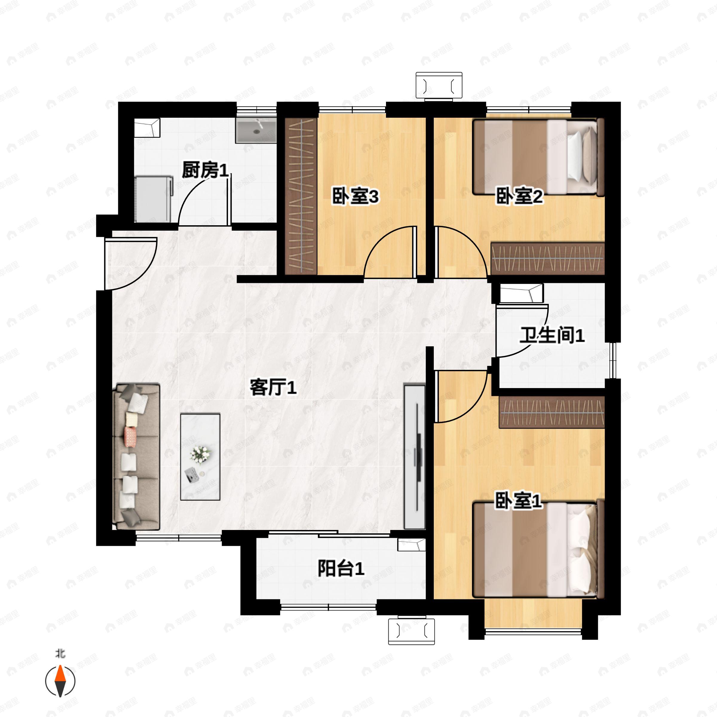 3室2厅1卫建面95平南|北户型图