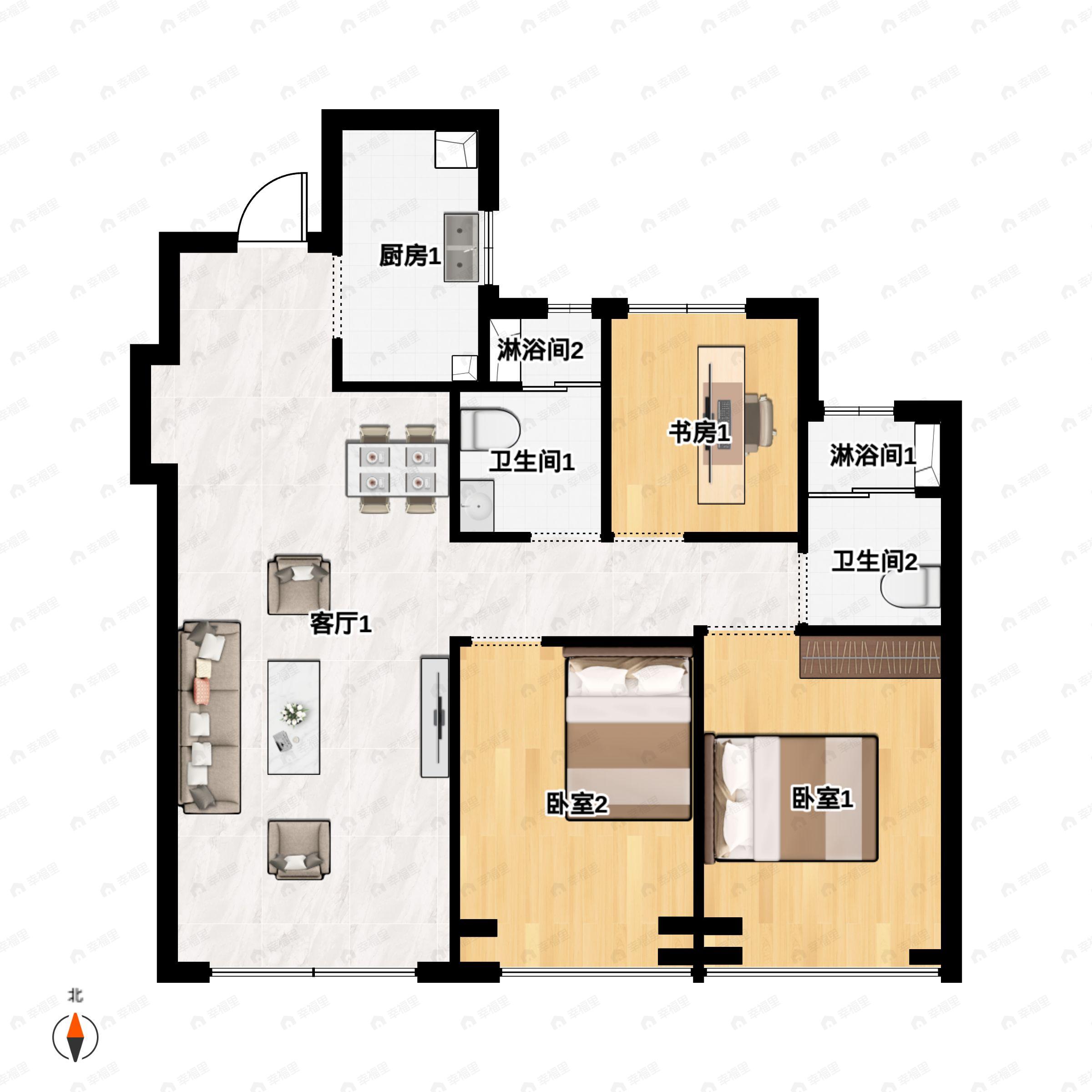 3室2厅2卫建面105平户型图