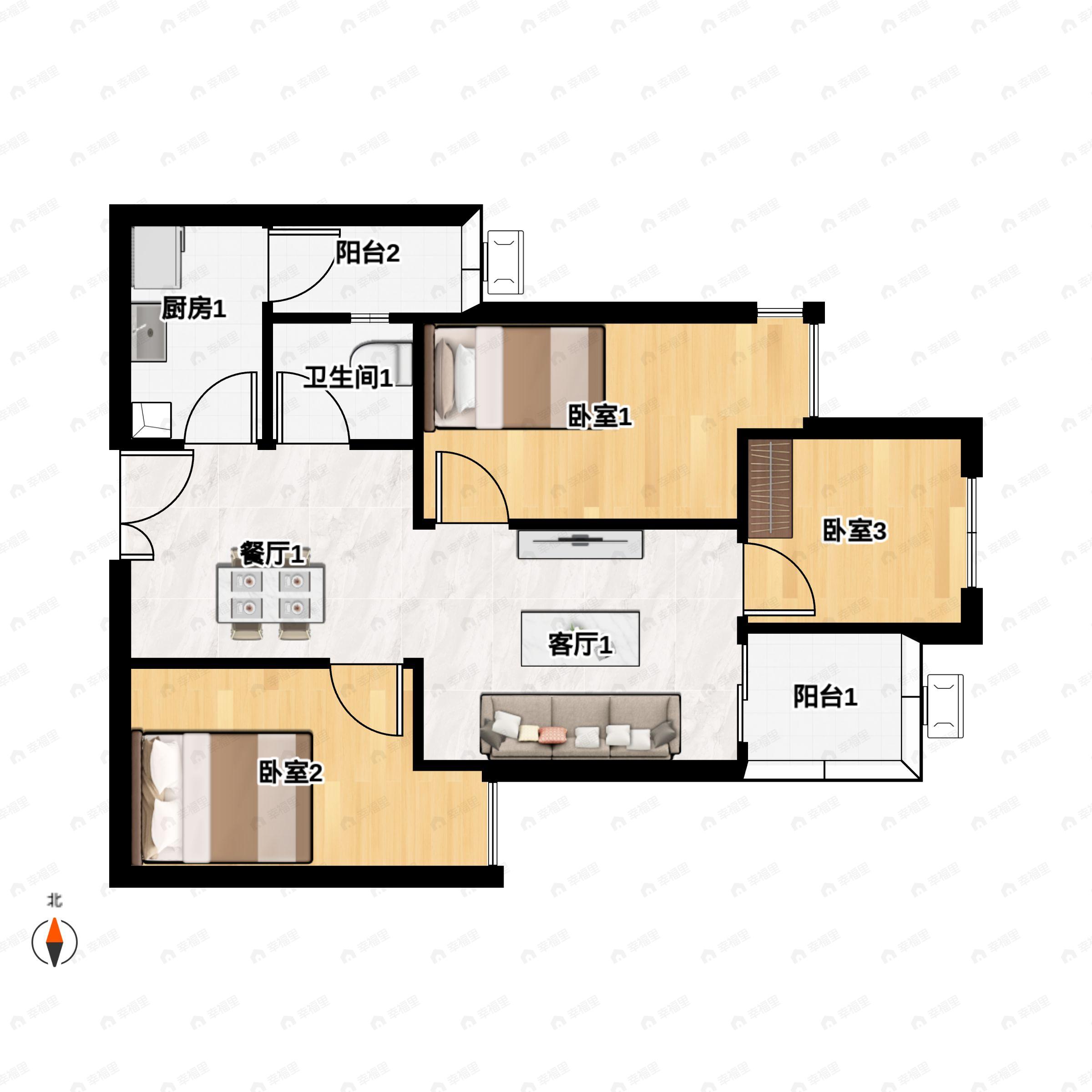 3室2厅1卫建面80平户型图