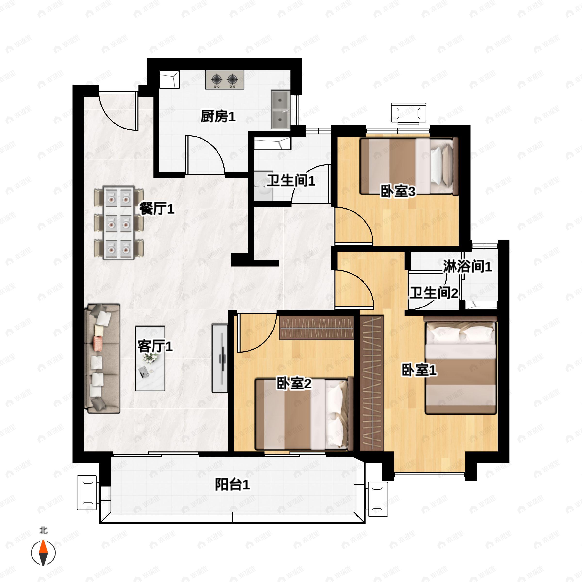 3室2厅2卫建面120m²北|南户型图