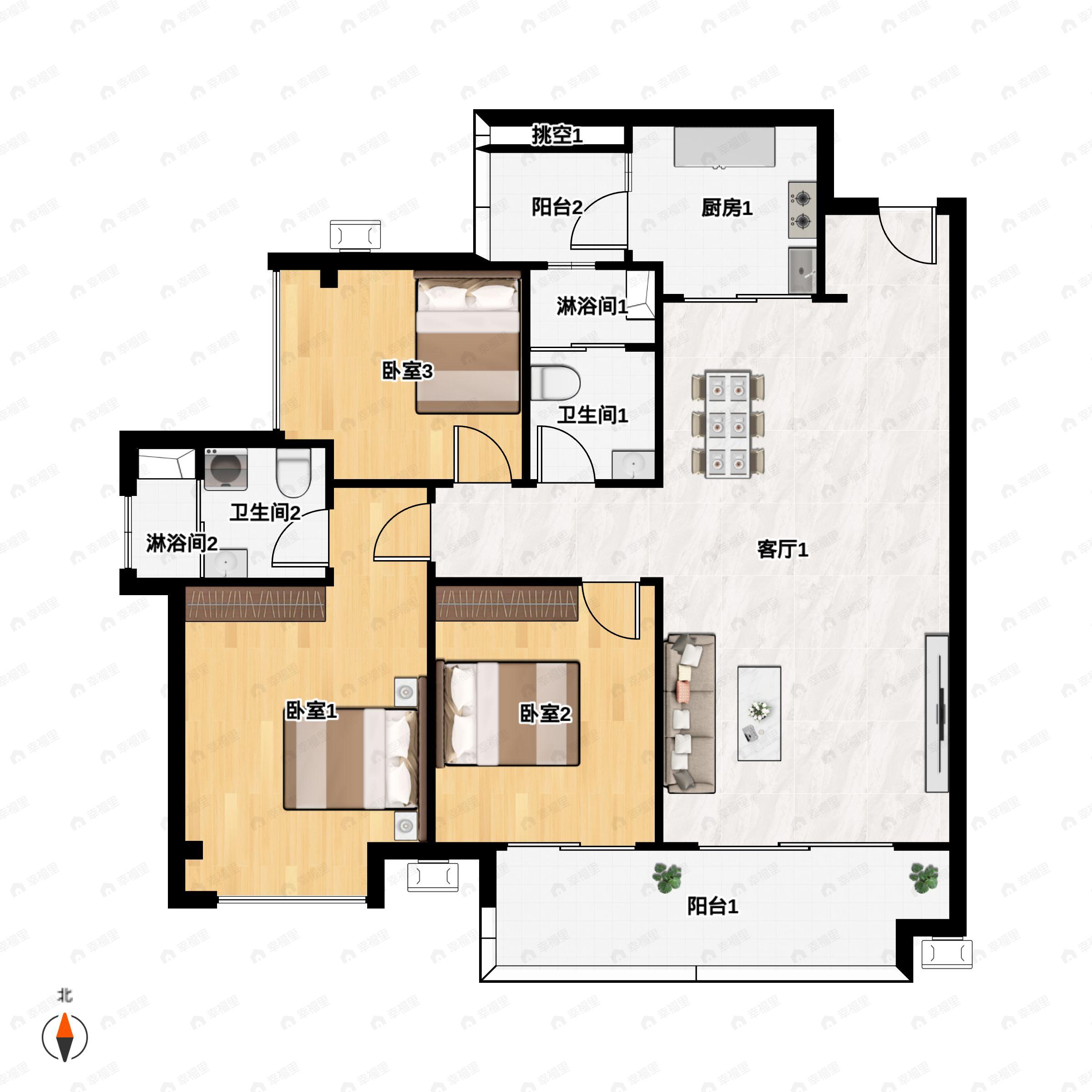 3室2厅2卫建面96平户型图