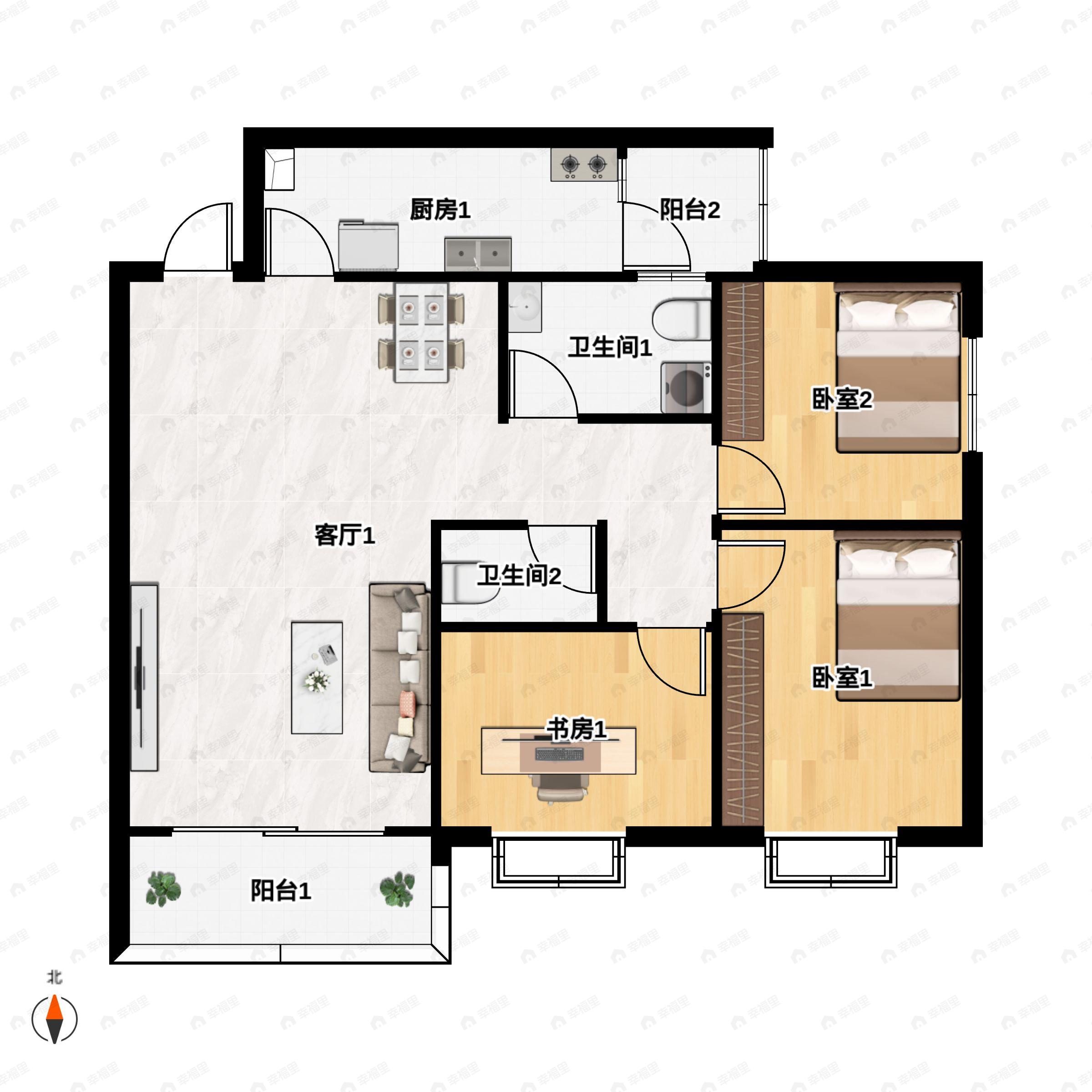 3室1厅2卫建面115平南户型图