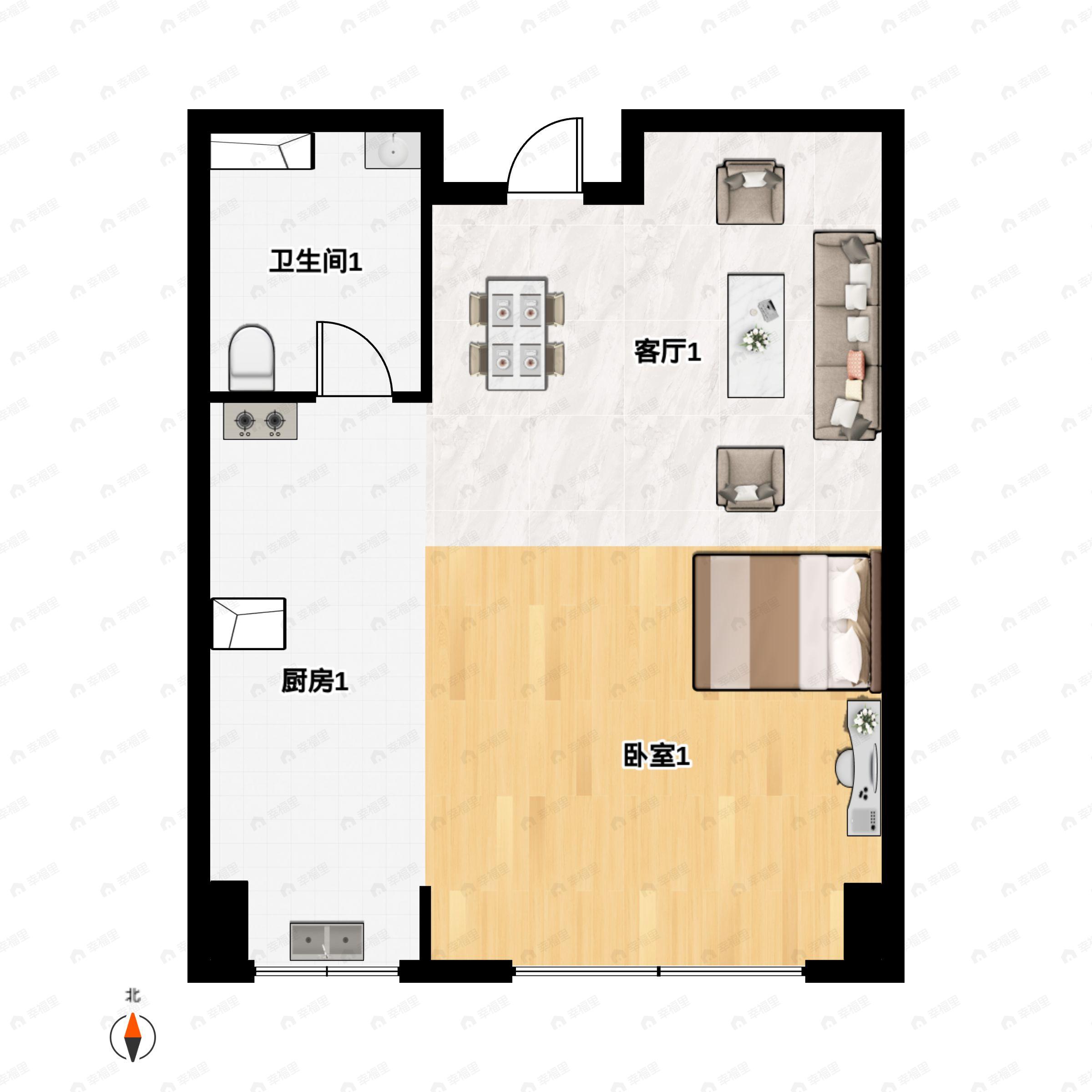 1室1厅1卫建面58m²南户型图