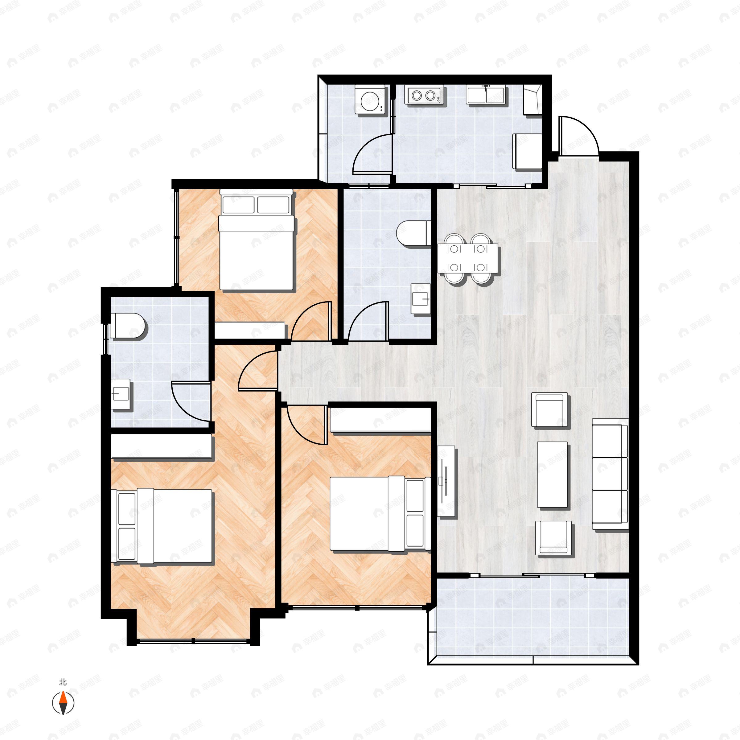 3室2厅2卫建面102平户型图