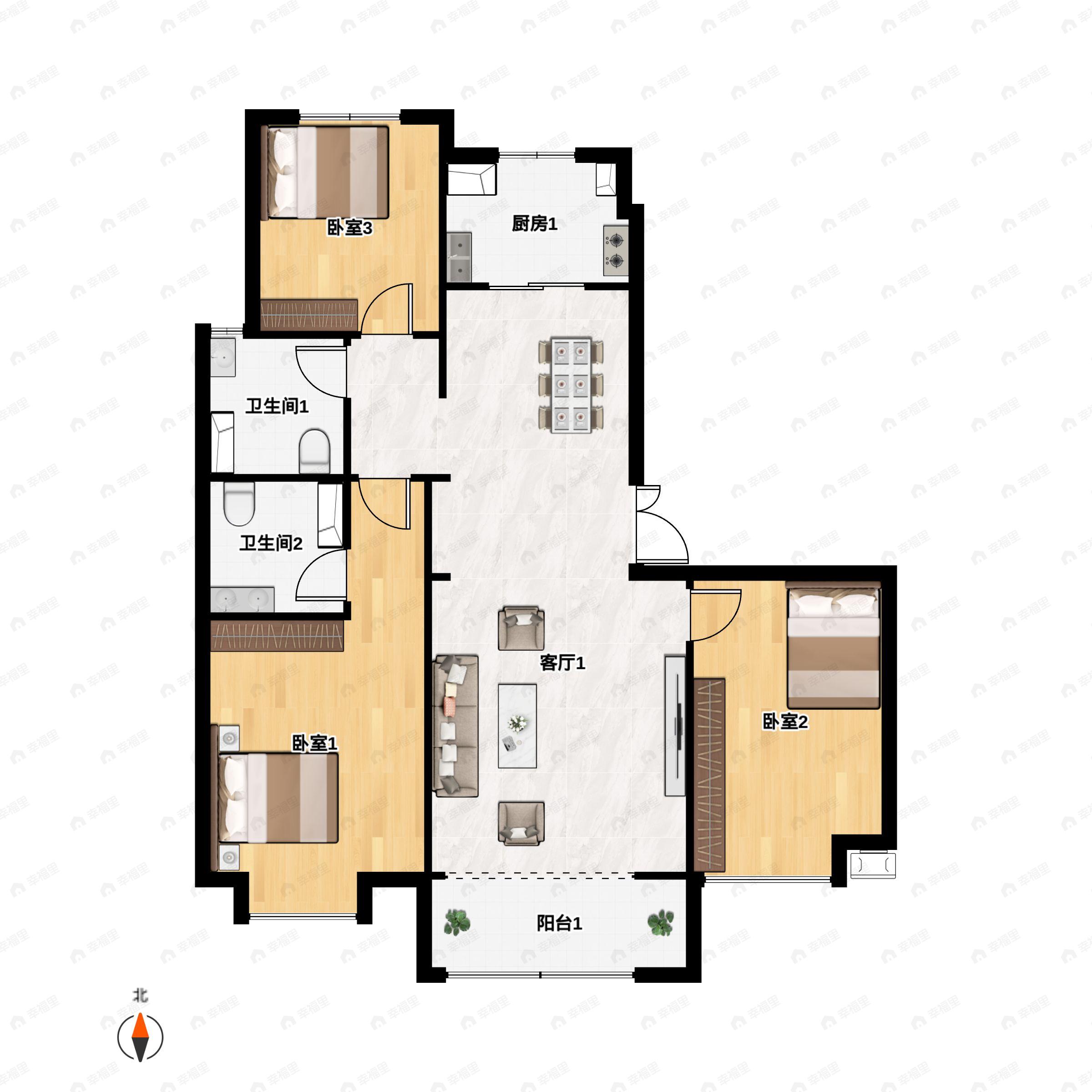 3室2厅2卫建面143平南|北户型图