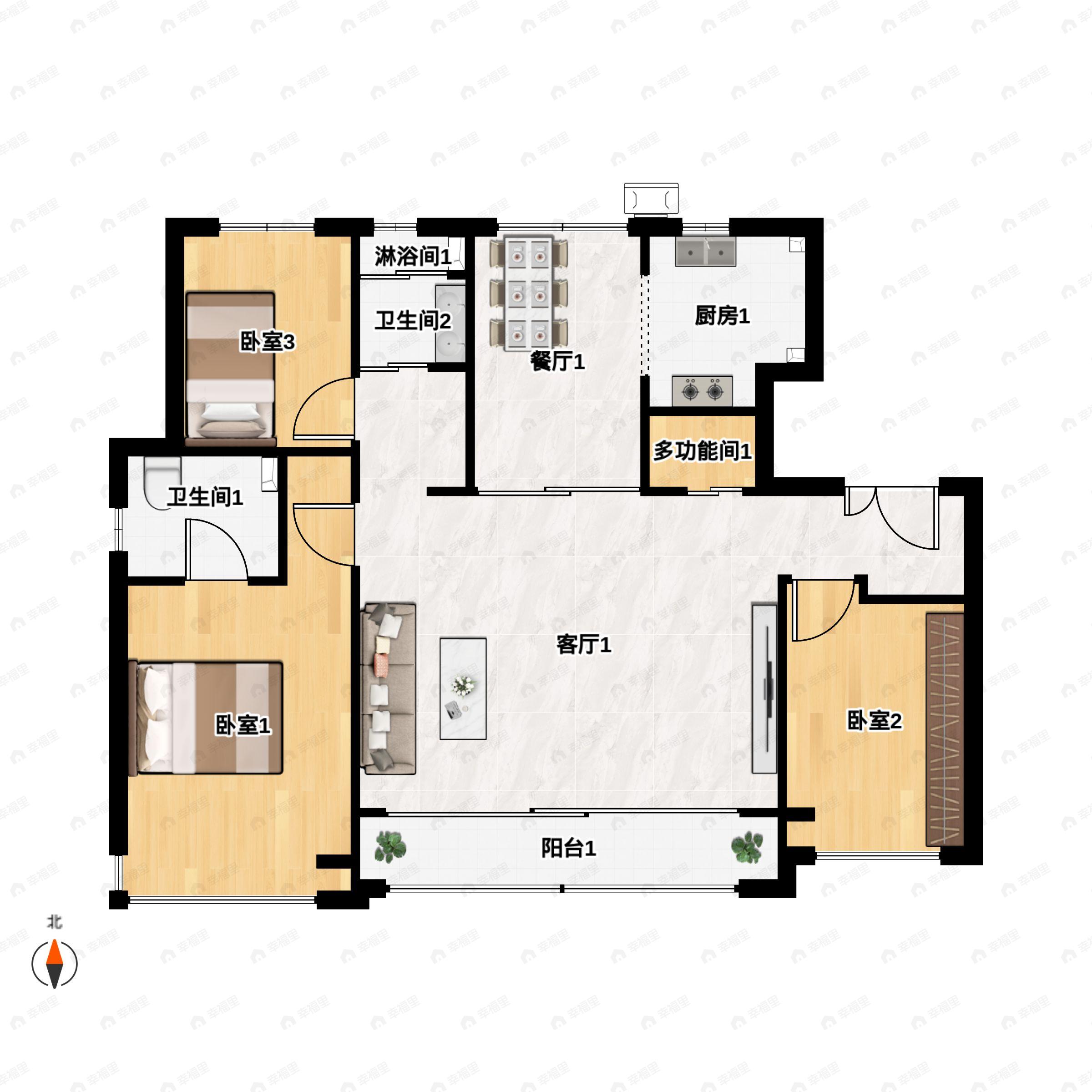 3室2厅2卫建面143平南|北户型图